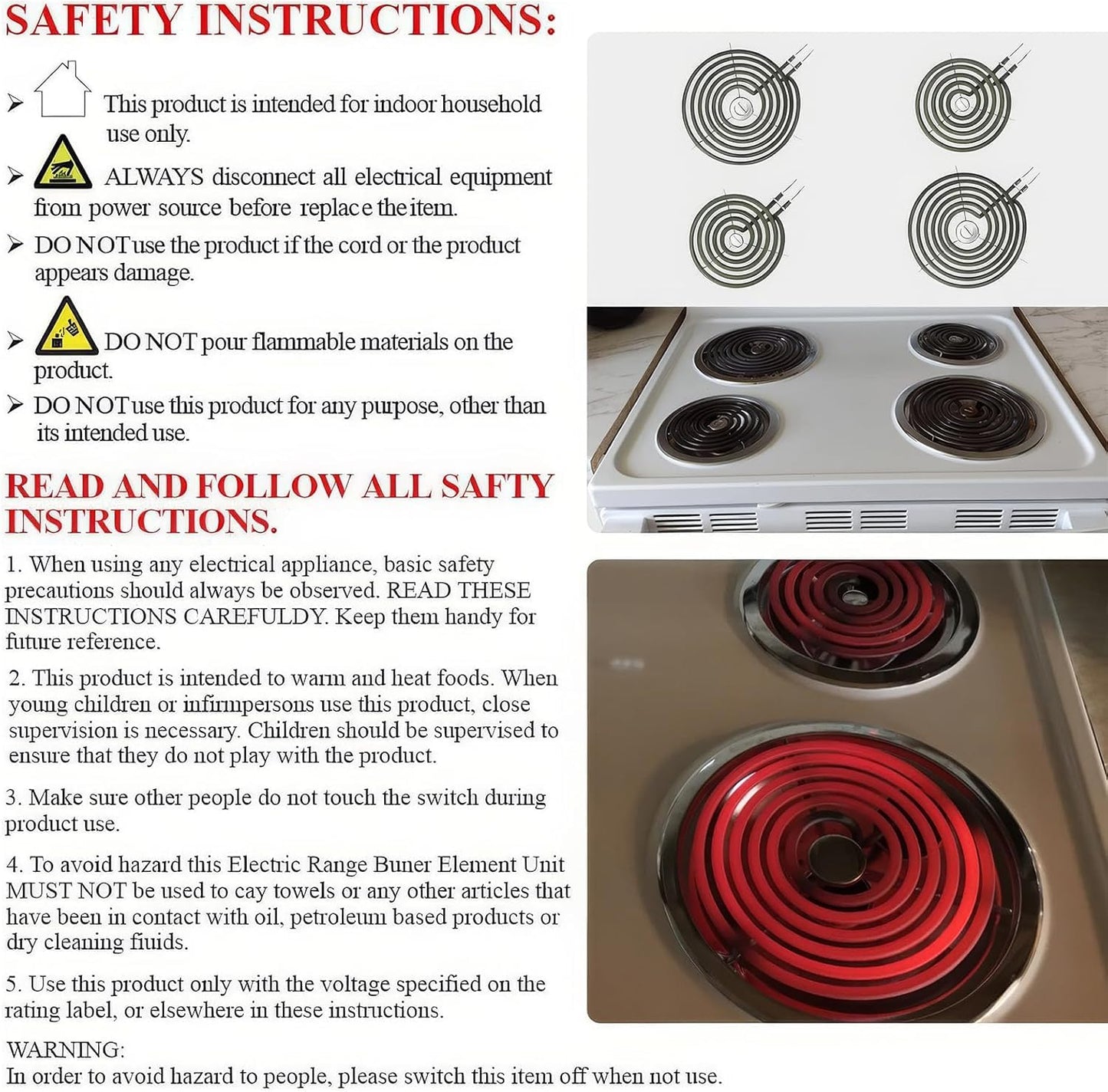 UPGRADED WB30M1 WB30M2 Electric Stove Burners Compatible with GE Hotpoint Stove Coil Element,Electric Range Burner Stove Coil for GE Stove Burner Replacement Parts Stove Top Element Burner (4 Pack)