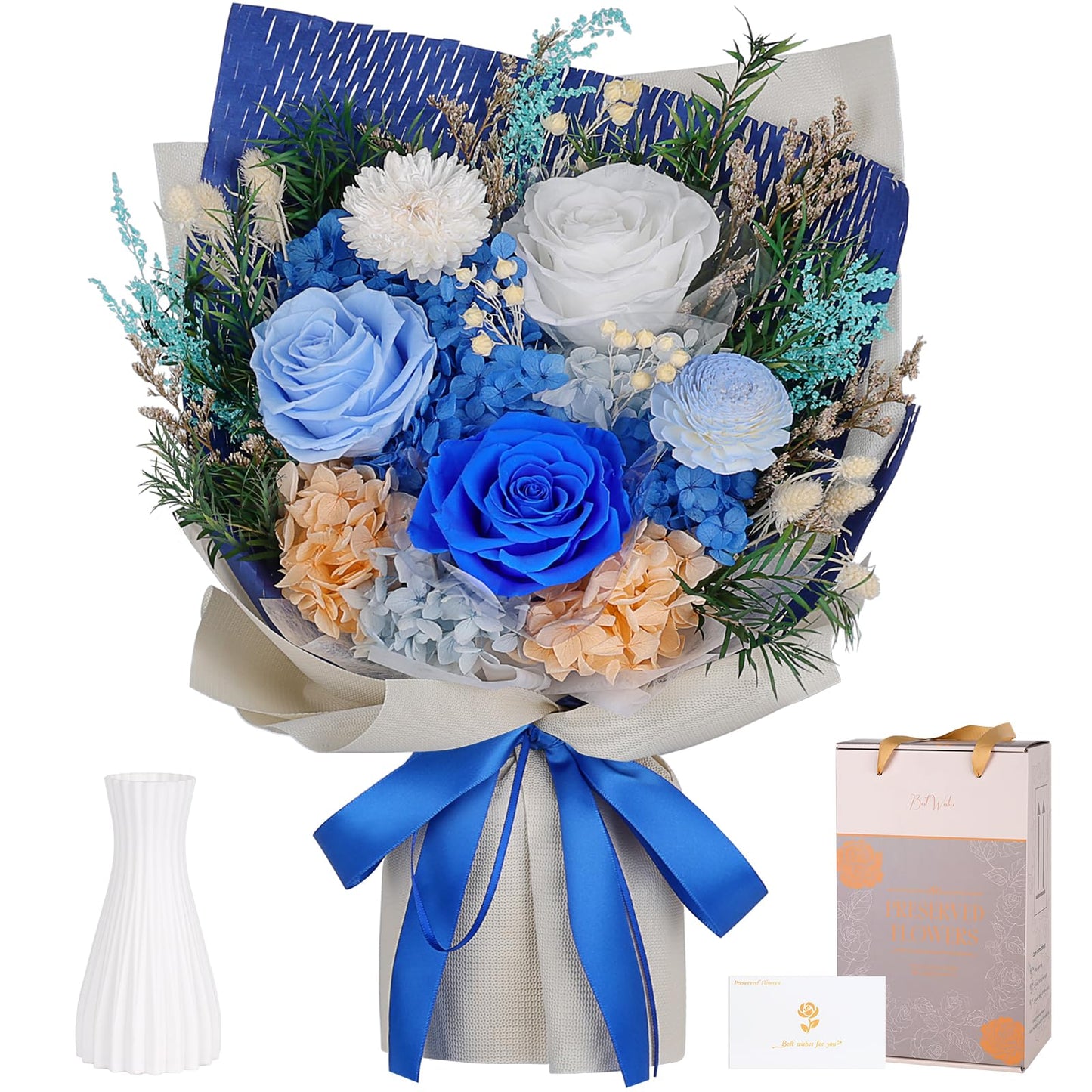 Preserved Flowers Bouquet - Forever Flowers for Delivery, Real Eternal Roses Bouquet, Mothers Day Gifts for Mom Grandma Wife, Anniversary Birthday Gifts for Women, Blue