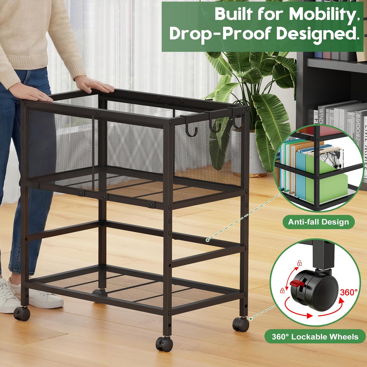 Rolling File Cart for Letter Size, Metal Hanging File Organizer with Storage Shelf, 2-Tier Mobile File Cabinet with 360° Wheels & Hooks, Under Desk Filing Cabinets for Home Office, Black