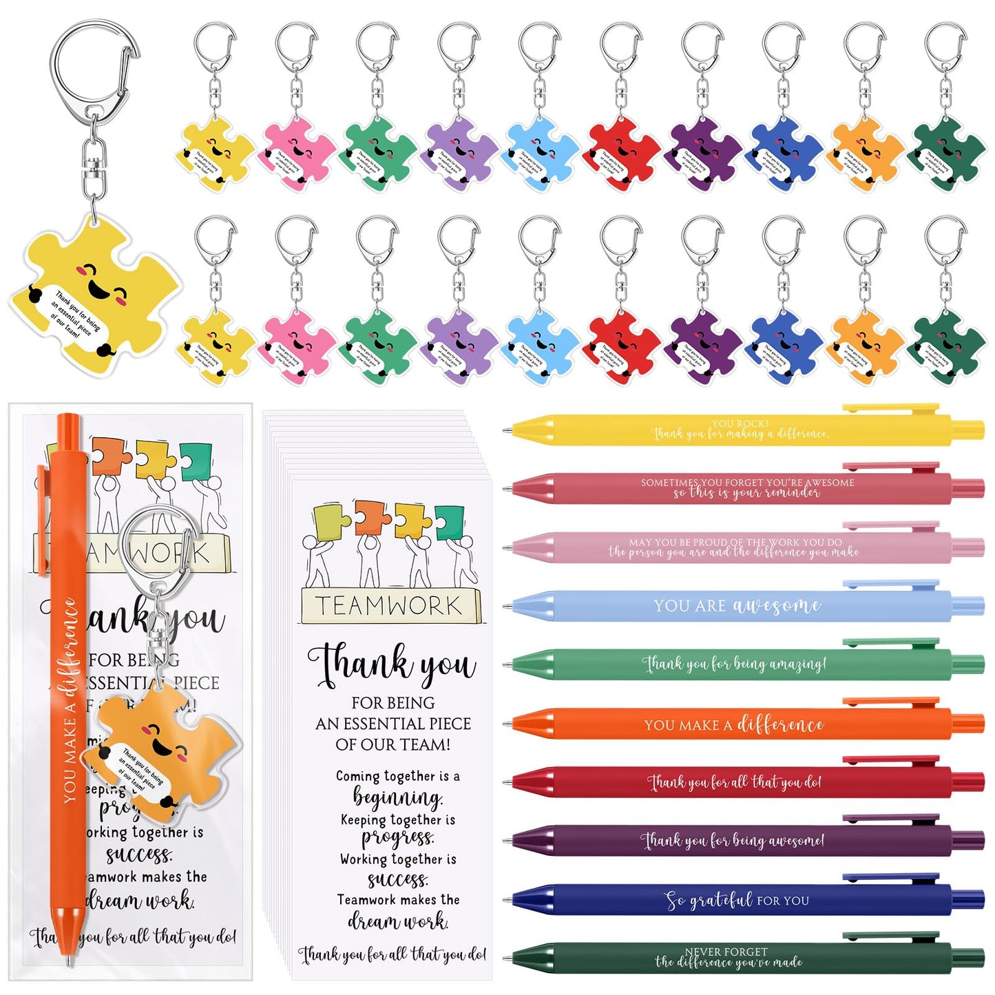 Dunzoom 60 Set CNA Week Gifts Bulk 2026 End of Year Graduation Gifts for Nursing Assistant Teacher Office Staff Employee Appreciation Team Puzzle Keychains & Thank You Pens (Thank You)