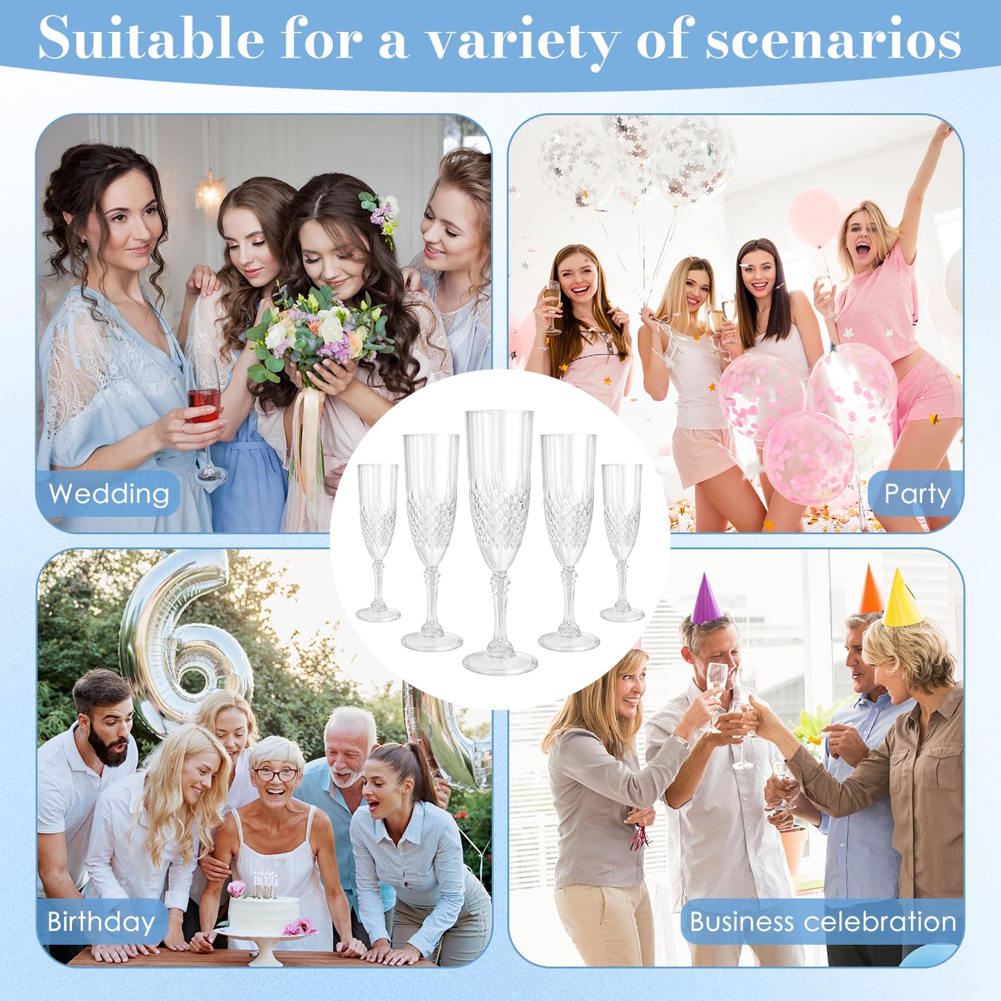 CHICERA 24 Pcs Plastic Champagne Flutes,White Champagne Glasses Bulk, Made of Durable Plastic Material Can be Used for Weddings, Everyday Fun Parties and More!