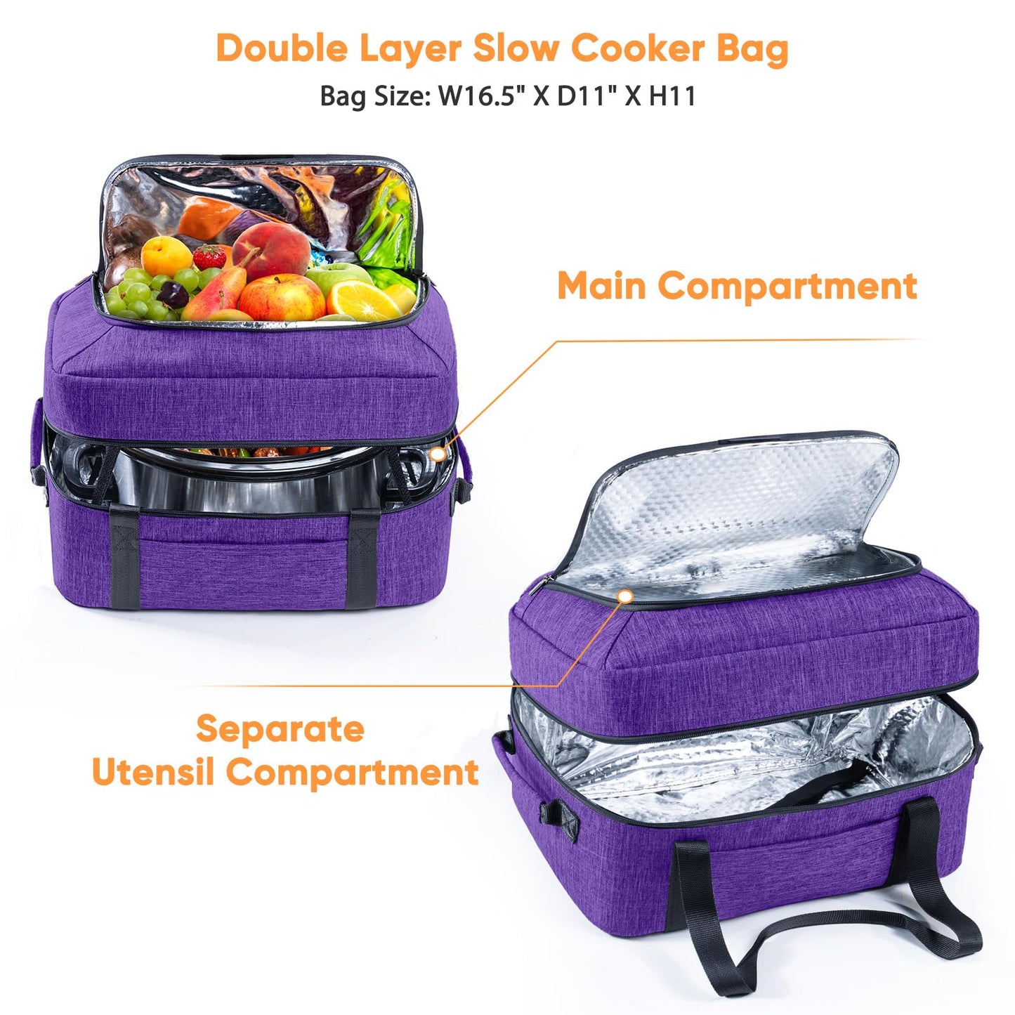 BAGSPRITE Double-Layer Slow Cooker Carrying Bag for 6-8 Quart CrockPot and Hamilton Beach Slow Cooker, Travel Bag with Lid Fastener for Crock-pot, Portable Carrier Case Slow Cooker Bag, Purple