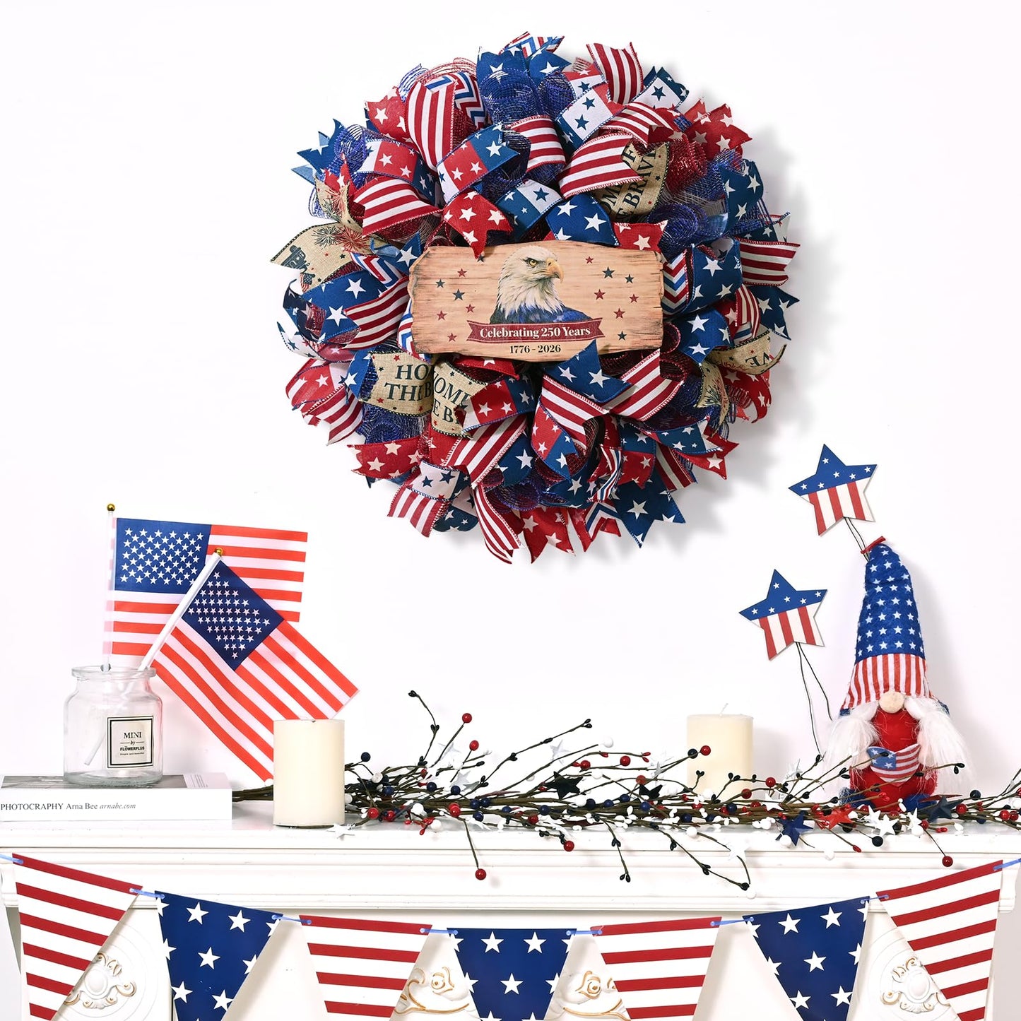 250th Anniversary Patriotic Wreath, 4th of July Wreaths for Front Door with Wooden Eagle Door Sign & Red White Blue Ribbon for Independence Day Memorial Day Patriotic Decorations(18In, 1Pcs)