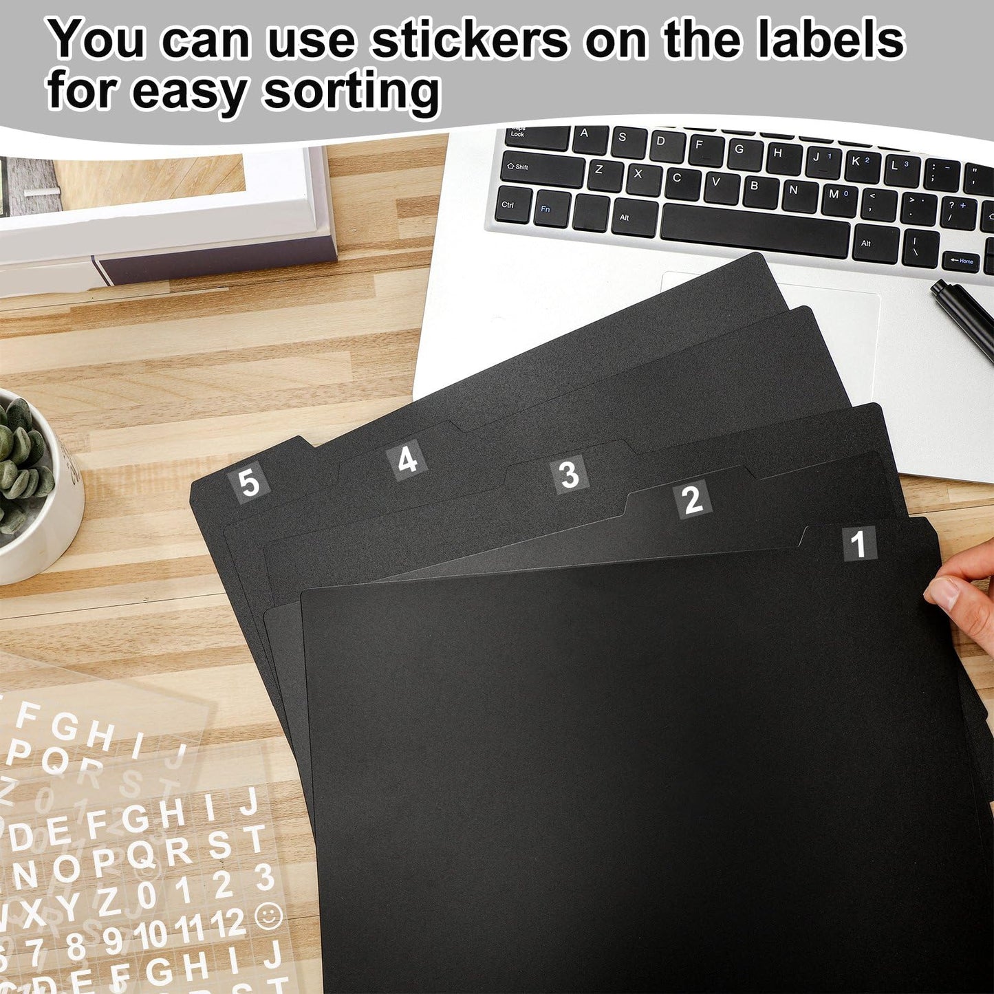 50 Pcs Tab File Guides Set with 2 Pcs Self Adhesive Alphabet Mailbox Numbers Sticker Alphabetical File Dividers Index Card Dividers with Tabs for Office Classroom, 11.7 x 10 Inches (Black)