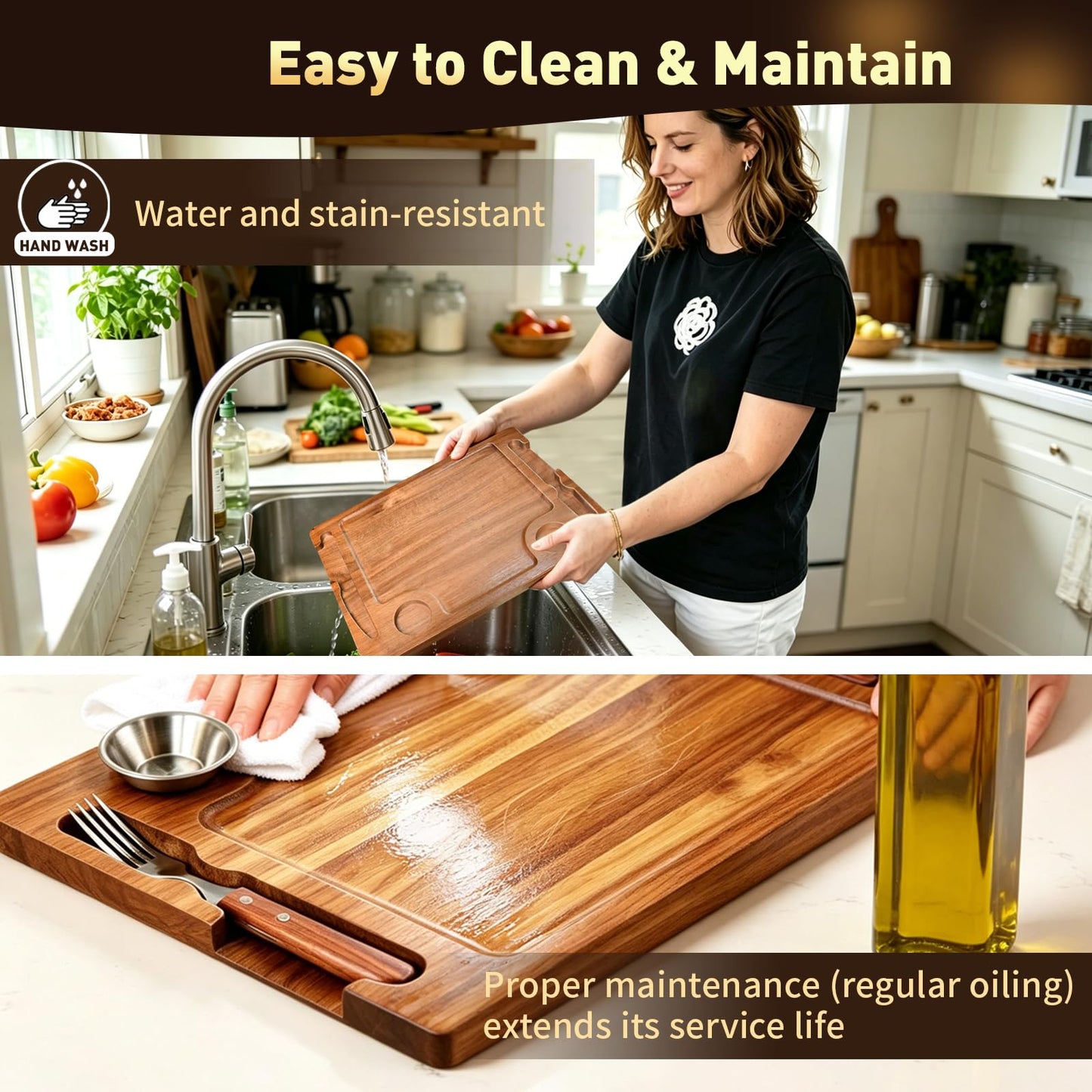 2 Set Acacia Wood Steak Plates Board with Knife Fork Ramekins,Knife-Friendly Food Serving Tray Deep Juice Groove Charcuterie Meat Cutting Boards for Dinner BBQ Party Restaurant & Housewarming Gifts