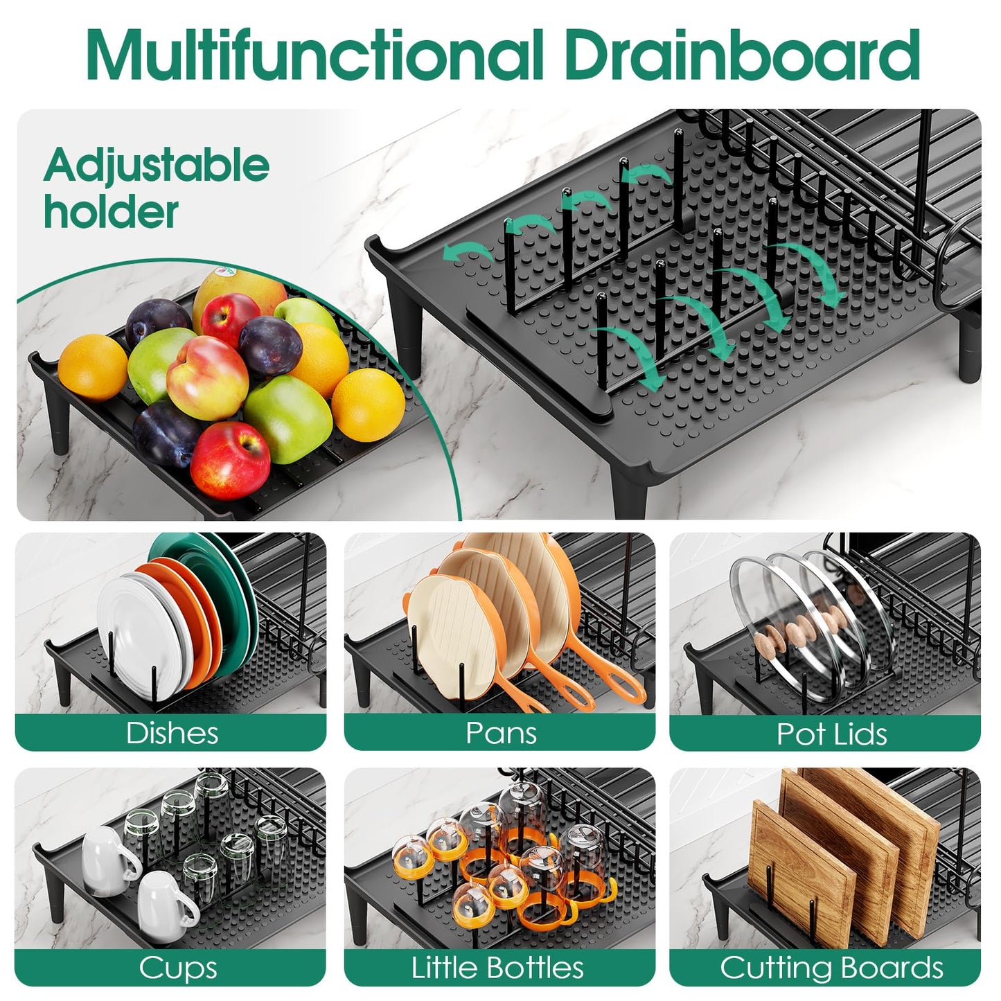 Urackify Dish Drying Rack for Kitchen Counter, Expandable 2 Tier Dish Rack, Large Capacity Dish Drainer with Drainboard Multifunctional Dish Strainer with Removable Cutlery Holder Black