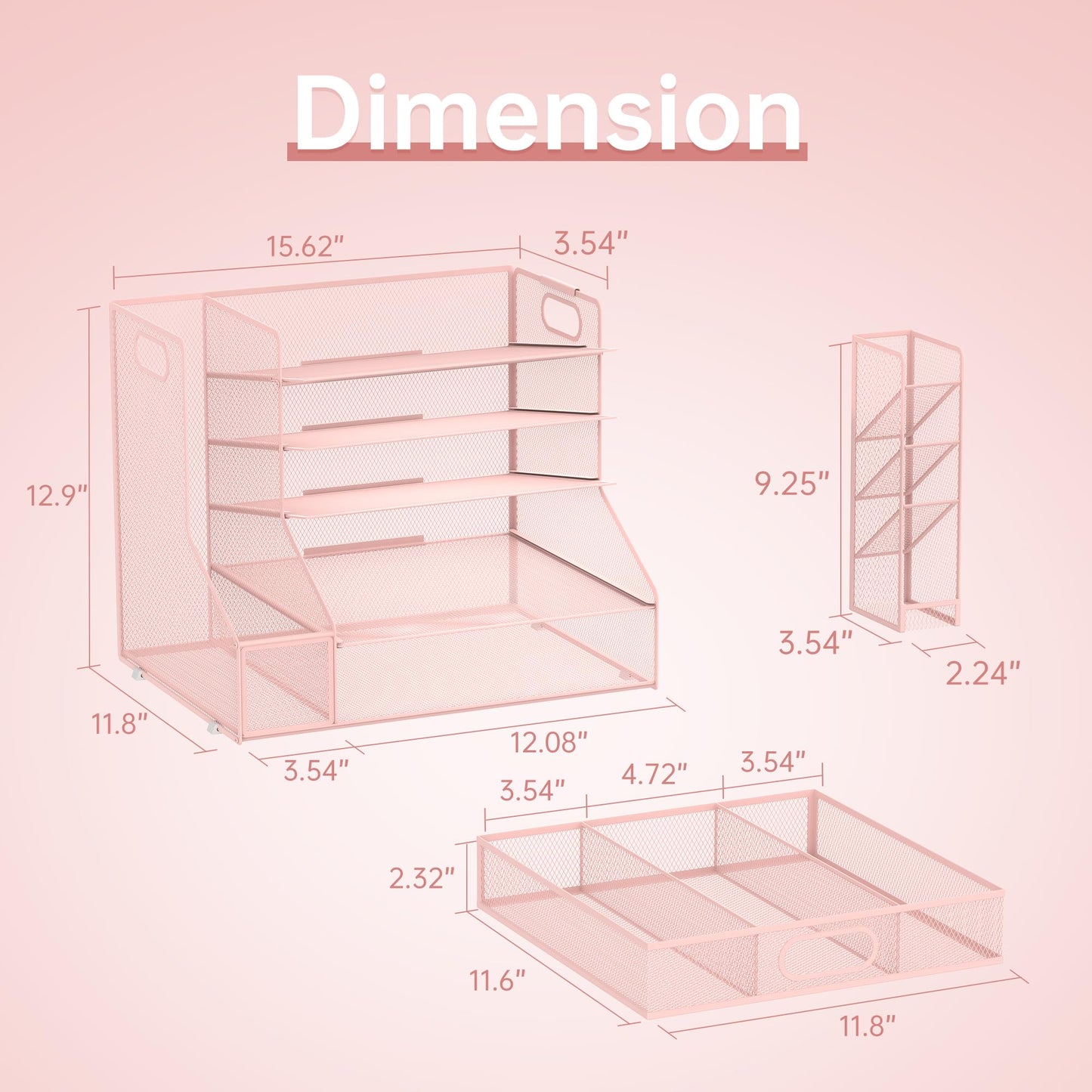 SUPEASY Desk Organizer with File Holder, 5-Tier Mesh Paper Organizer Letter Tray with Pen Holder and Drawer, Desk Organizers and Accessories with 3 Tilted File Sorter for Office Supplies, Pink