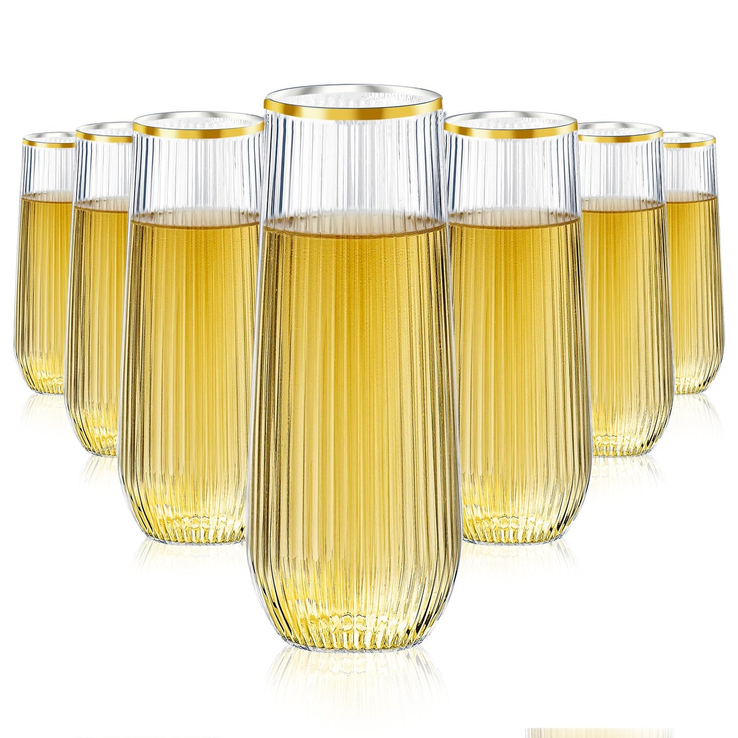 Lueumxc 48 Pack Plastic Champagne Flutes, 9 Oz Ribbed Stemless Disposable Gold Rim Plastic Toasting Glasses Shatterproof Recyclable and BPA-Free Perfect For Wedding