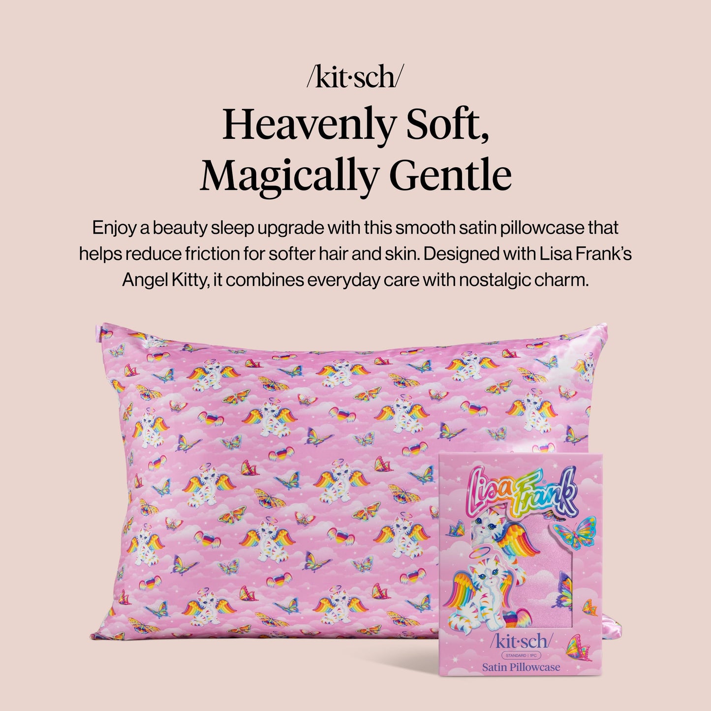 Lisa Frank x Kitsch Satin Pillowcase with Zipper for Hair & Skin - Softer Than Silk Pillow Cases, Smooth Cooling Satin Pillow Case, Wrinkle-Free Pillow Cases Standard Size (19x26) - Angel Kitty