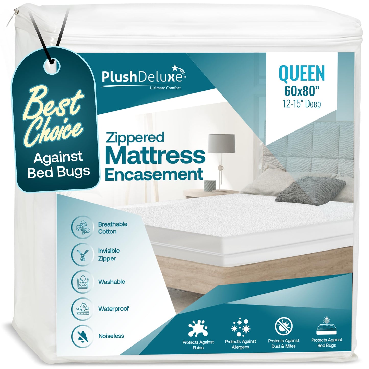 PlushDeluxe Premium 100% Waterproof Mattress Encasement, Breathable Soft Cotton Terry Surface (12"-15" Deep, Queen 60X80)