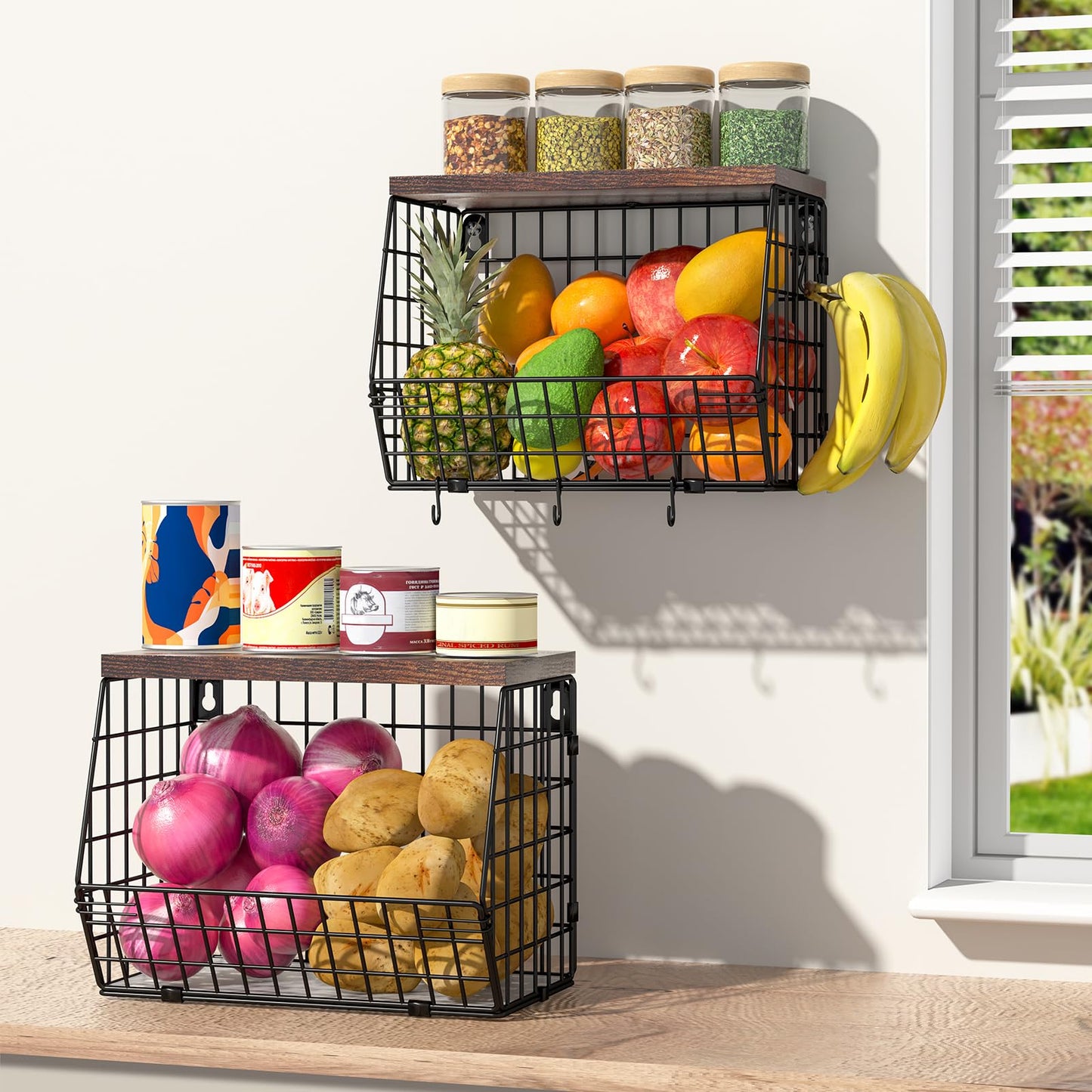 Wawocs Fruit Basket for Kitchen Counter 2 Tier Fruit Bowl, Stackable Wall Mounted Hanging Fruit Basket Wire Baskets with Wood Lid with 4 Banana Hanger Hooks, Onion Basket, Fruit and Vegetable Storage