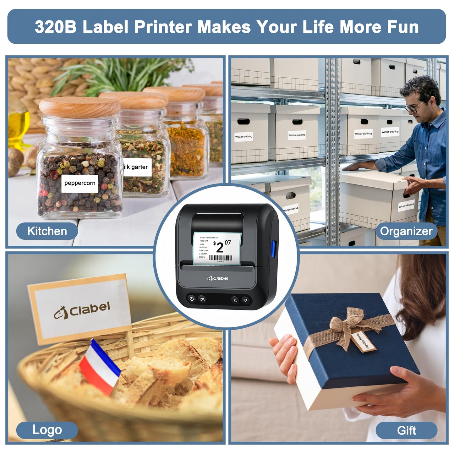 CLABEL 320B Label Maker 3 Inch Bluetooth Barcode Printer Thermal Label Printer Compatible for Small Business,Address, Office, 1 Roll 70x40mm Label