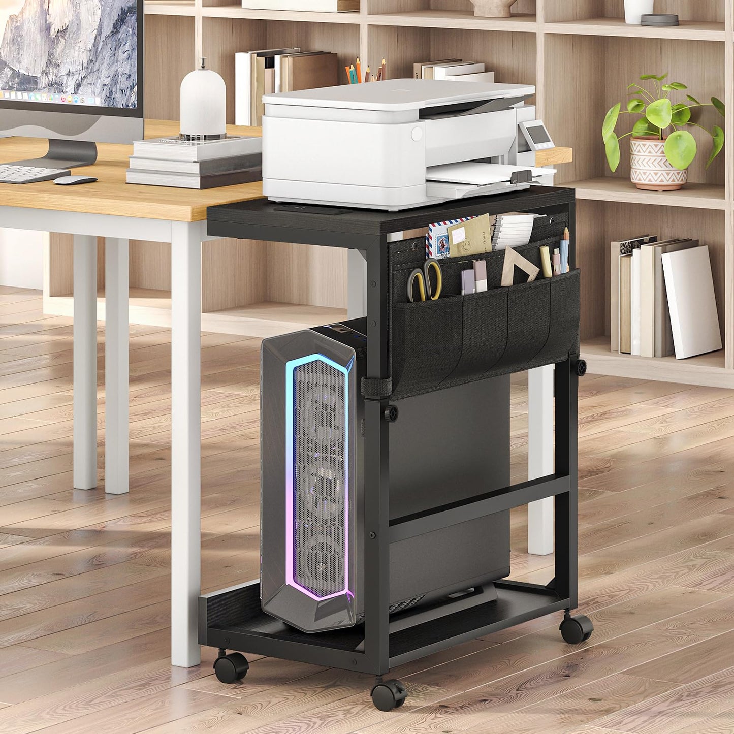 HOOBRO Computer Tower Stand, PC Stand with Charging Station, PC Tower Stand Height Adjustable Under Desk, Large CPU Holder Cart with Locking Casters & Storage Pockets, for Home Office, Bedroom BB72UCJ01