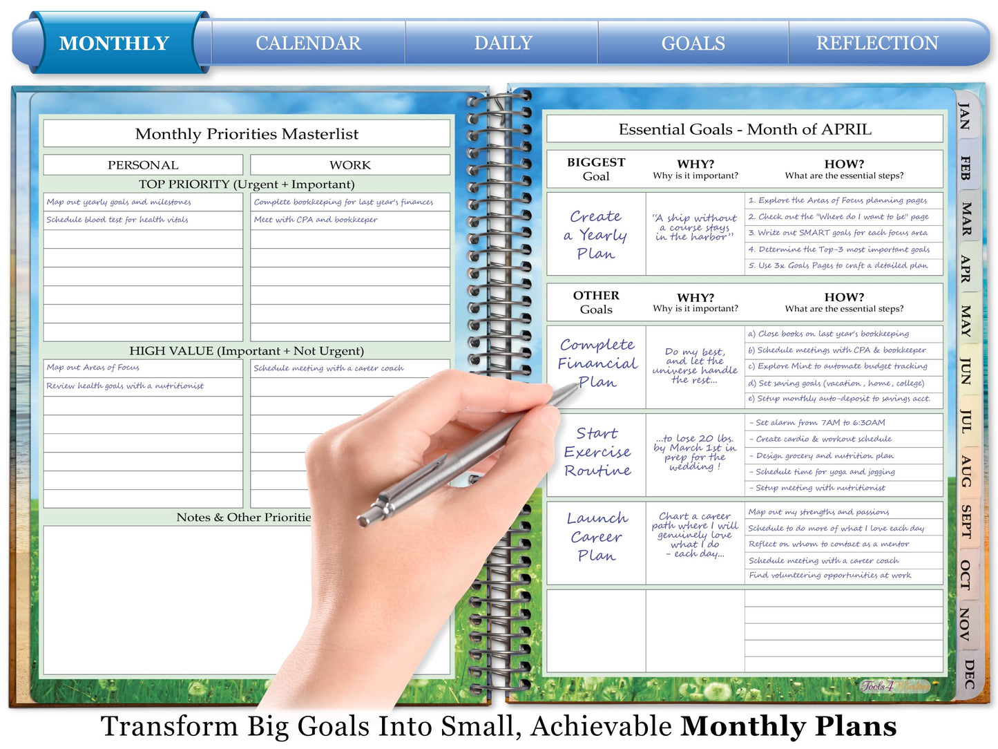 Tools4Wisdom Planner 2026-2027 - Dated April 2026-2027 June - Weekly Monthly Daily Academic Year Calendar with Stickers, Tabs, Pocket & Thick Paper - Spiral Bound 8.5x11 Hardcover - A6J7 - Think Positive