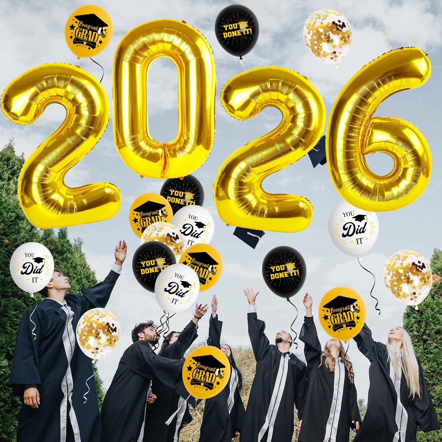 DMIGHT Graduation Decorations 2026, Class of 2026 Backdrop, Banner, 2026 Foil Balloons, Tablecloth, Hanging Swirls, Honeycomb Centerpieces, Party Supplies Decorations Set for College (Black ang GOLD)