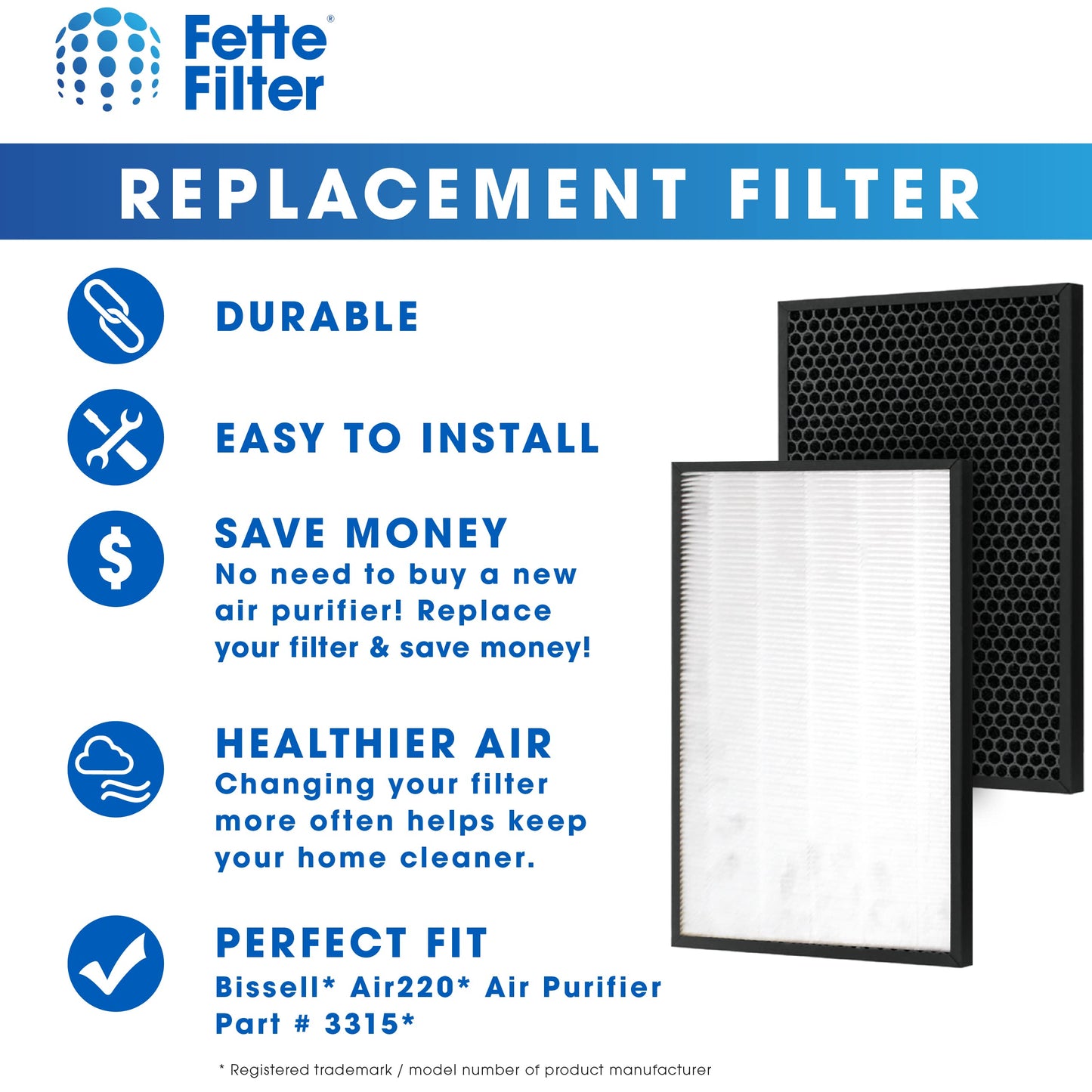 Fette Filter - 2 Pack Air Purifier Replacement HEPA + PRE-FILTER AND ACTIVATED CARBON FILTER PACK Compatible with BISSELL Air220 & Air320 Air Purifier Part # 2677, 2678, 3289, 3315, 2804, 3315.