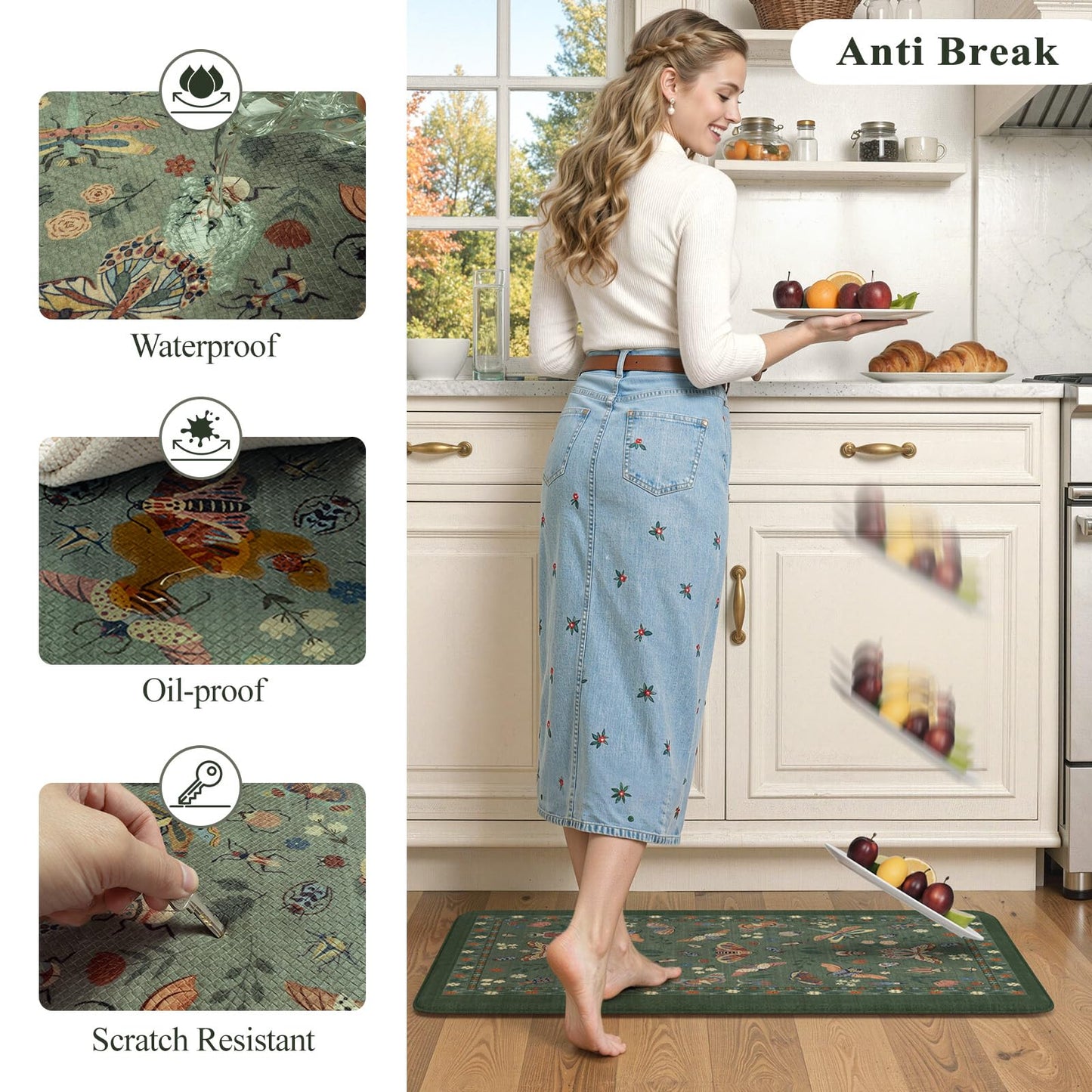 LEEVAN Anti Fatigue Mats for Kitchen Floor Non-Slip, Cushioned Kitchen Mats for Floor 2 Piece, Green Memory Foam Kitchen Mat Set, Waterproof Ergonomic Standing Mat for Bar, Office,Desk, Laundry