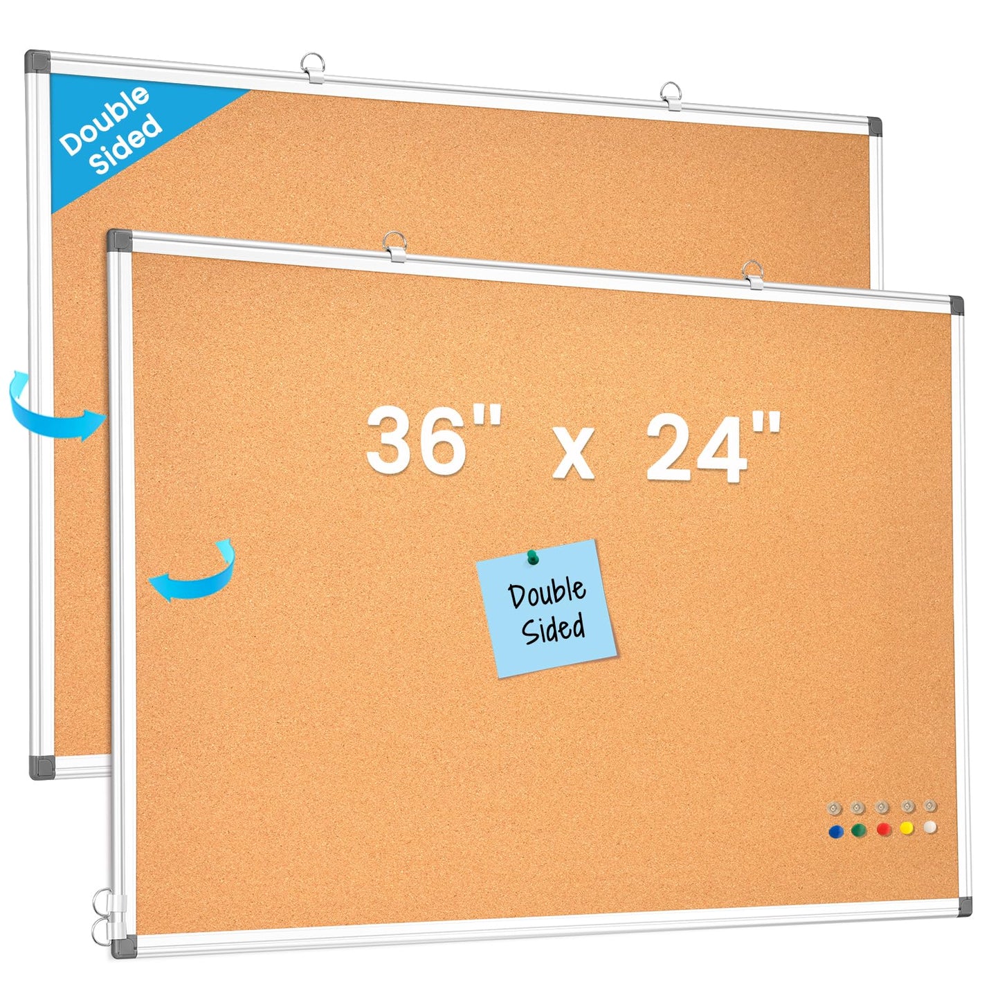 Double-Sided Cork Bulletin Board for Wall, WALGLASS 36" x 24" Hanging Wall Mounted Notice Board, Pin Display Vision Cork Board, Aluminium Framed Large Message Corkboard for Office, Home, School