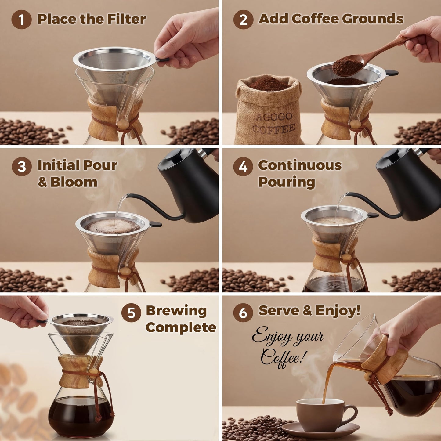 AGOGO Pour Over Coffee Maker Glass - Barista Kit with 304 Stainless Filter for Home, Office, Camping, Cafes - Easy Clean Coffee Dripper Set (Soft Towel&Brush) (40oz Classic w/SS Filter)