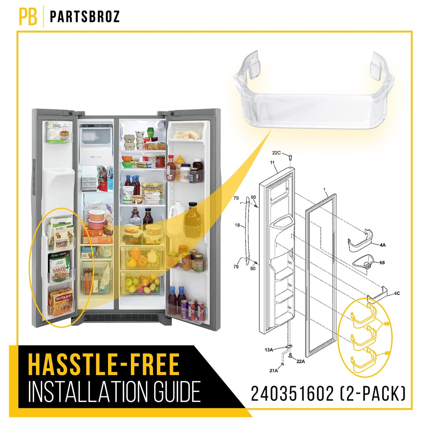 PartsBroz Door Bin 240351602 (2-Pack) for Frigidaire Freezer Shelf Replacement, Kenmore LGHX2636TF0 FGSS2635TF1 FGSS2635TF6 FGSS2635TD9 FGSS2635TF0 FGSS2635TFB GLRS264ZAQ4 LGHX2636TF7 LGHX2636TFB