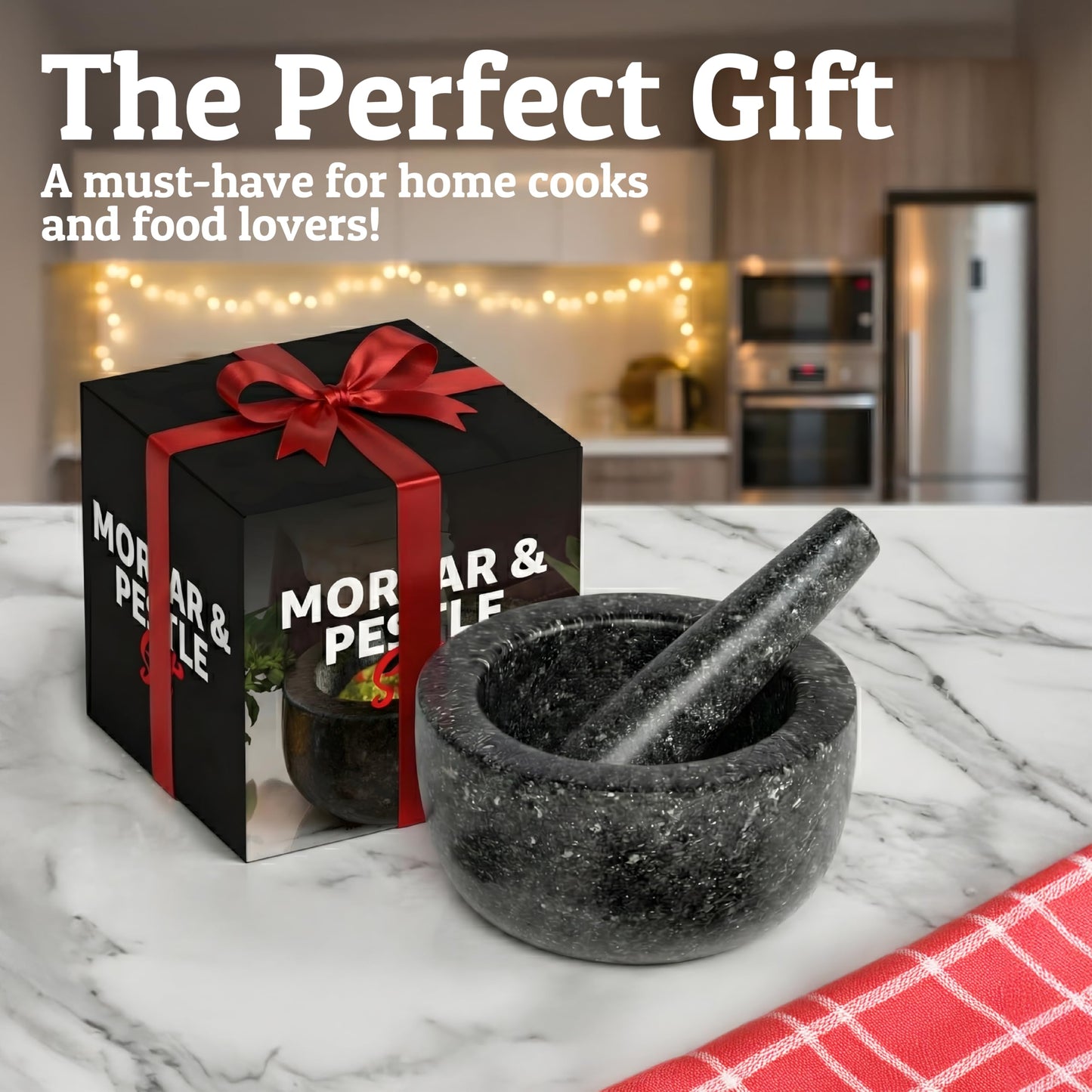 Priority Chef Heavy Duty Large Mortar and Pestle Set, 100% Granite, Non Slip Base, Make Fresh Guacamole, Salsa, Pesto, Stone Grinder Bowl, Herb Crusher, Spice Grinder, 4 Cup - Black