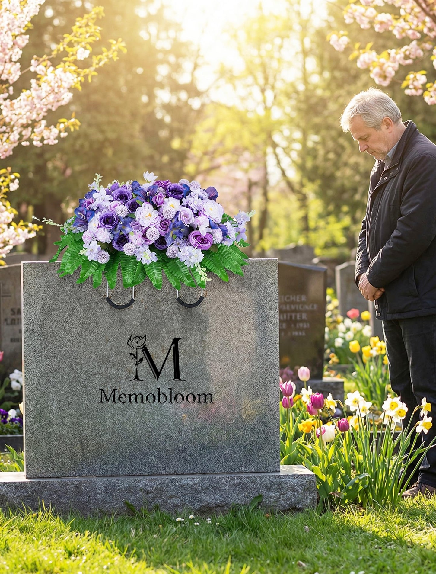 Memobloom Cemetery Flower Saddles for Headstones: Purple Flowers Artificial Outdoors Grave Decorations Summer Memorial Day - Fake Rose Camellia Tombstone Flowers Saddle for Cemetery Gravestone