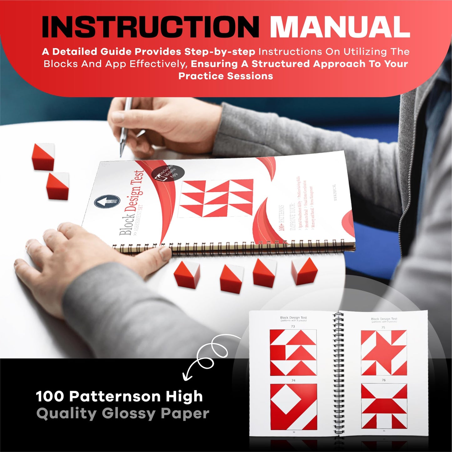 PrfcNL Bundle for IQ Test Practice and Prep for BDT, WISC, WPPSI, WAIS with 100 Patterns, Mobile App, 3D Blocks and Manual, Montessori Educational Set to Improve Concentration, Coordination and Memory
