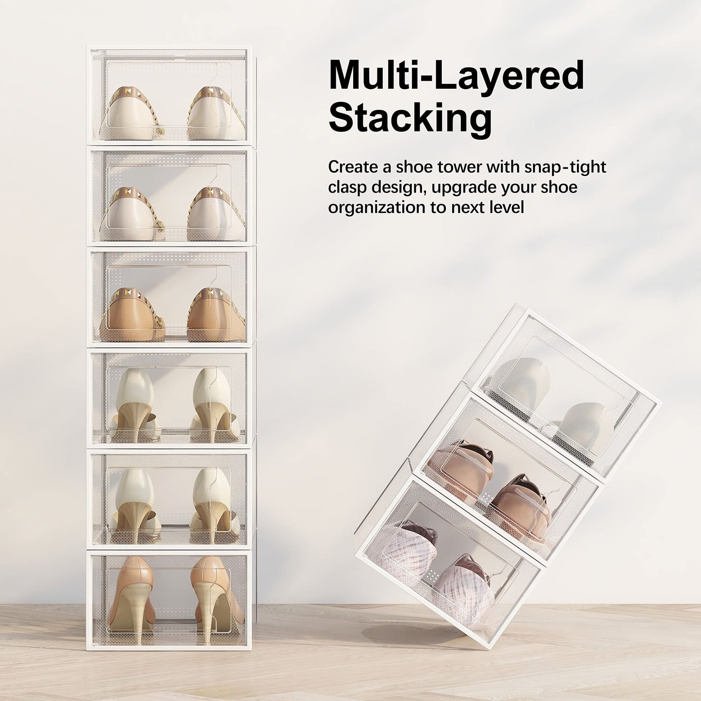 SEE SPRING 12 Pack Shoe Storage Box, Clear Plastic Stackable Shoe Organizer for Closet, Space Saving Foldable Shoe Rack Sneaker Container Bin Holder