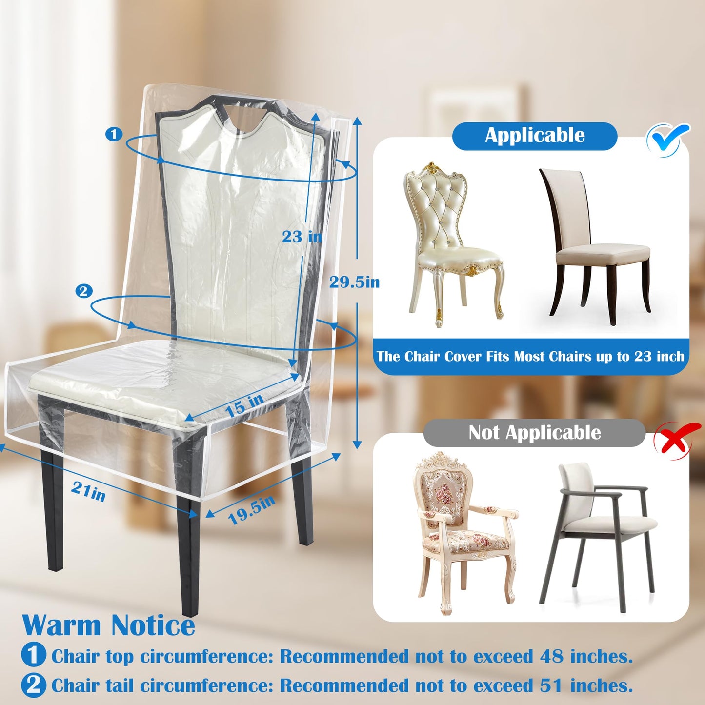 Dining Chair Covers, Waterproof Kitchen Chair Protectors,Clear Plastic Seat Chair Protector,Keep Your Chair Away from Water Dust Stain and Pet Claws W/21 x D/18(Fits 16-23",6 Pack)