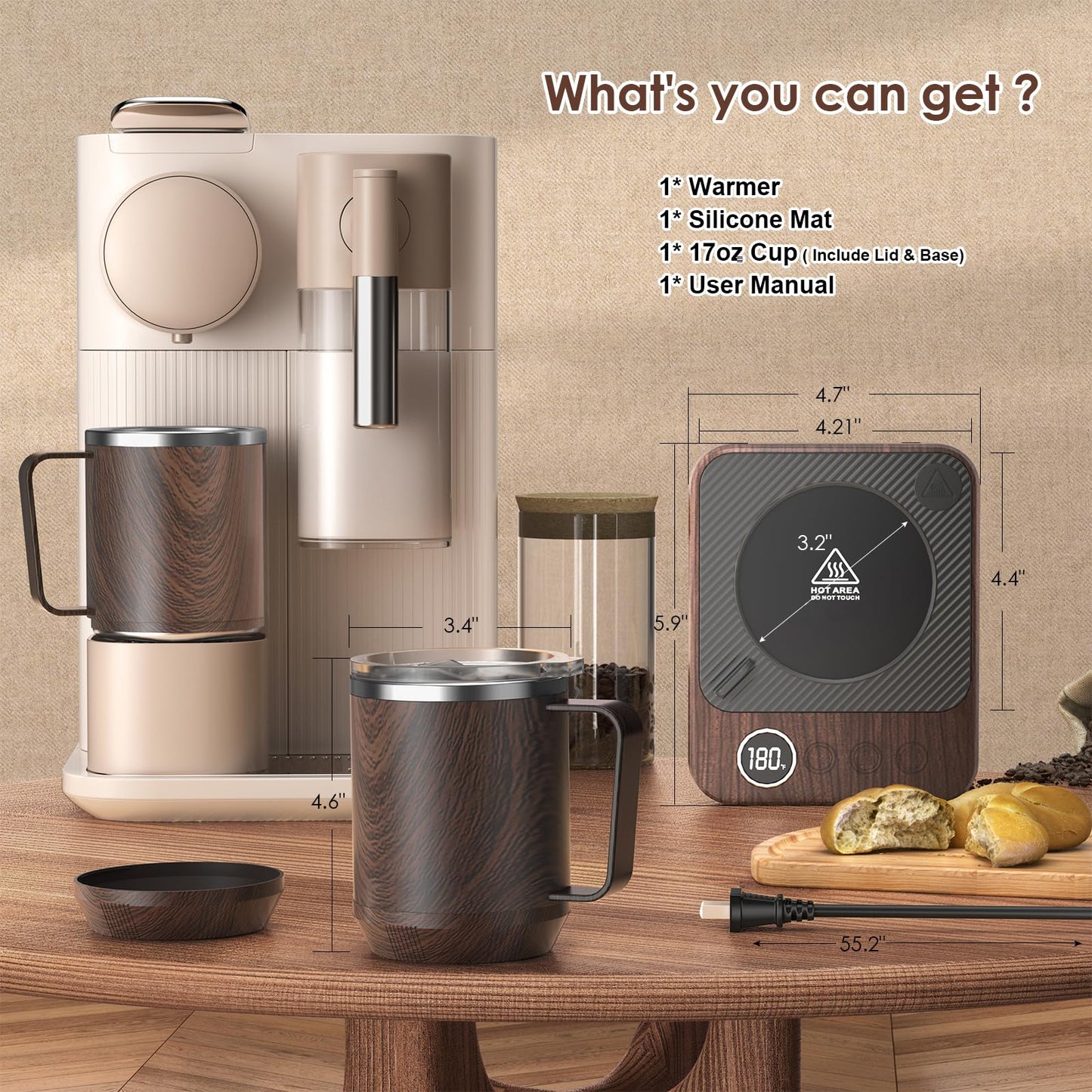 Felibeaco Coffee Mug Warmer & Mug Set for Desk, Smart Coffee Cup Warmer with 16oz Heated Mug, Cup Heater with Auto Shut Off for Office/Home, Coffee Gifts for Men&Women, for mom,Wood