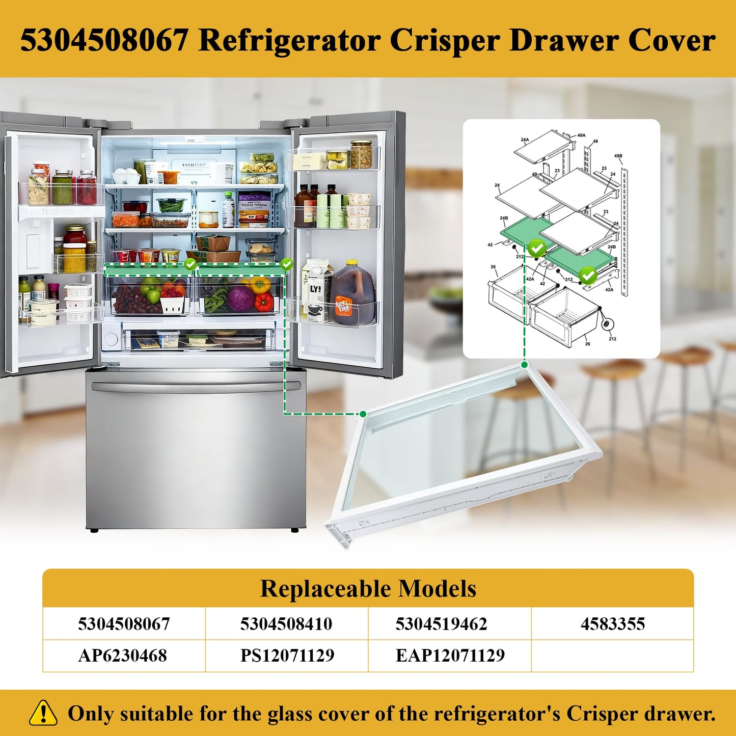 5304508067 Crisper Drawer Cover, Compatible with Frigidaire, Crosley, White-Westinghouse, Kenmore Refrigerator, FFHB2750TD0, 25370347410, etc, Replacement 5304519462, 5304508410 Drawer Cover