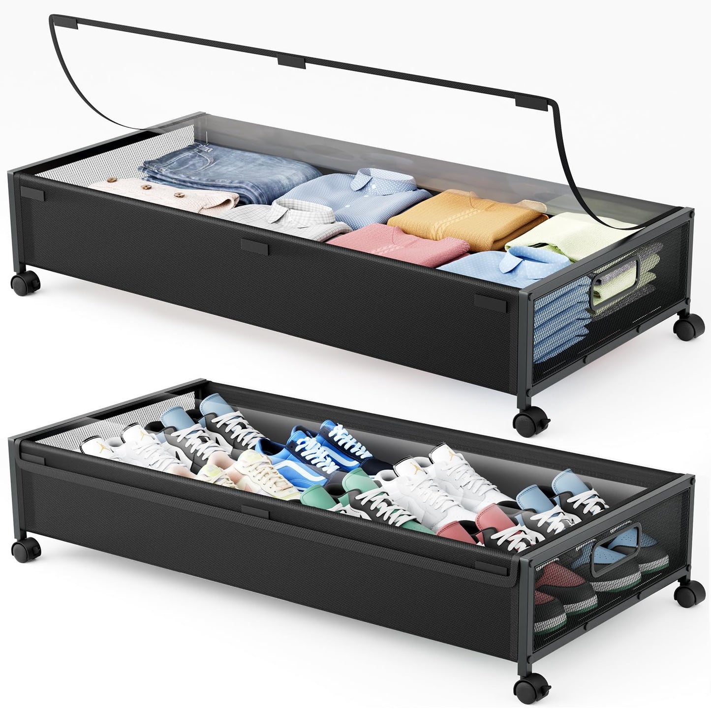 LeArex Under Bed Storage Containers with Wheels 2 Pack Underbed Shoe Storage Bedroom Storage Bins Organizer Large Capacity Under Bed Storage with Lid for Clothes Shoes Toys Blankets (Black)