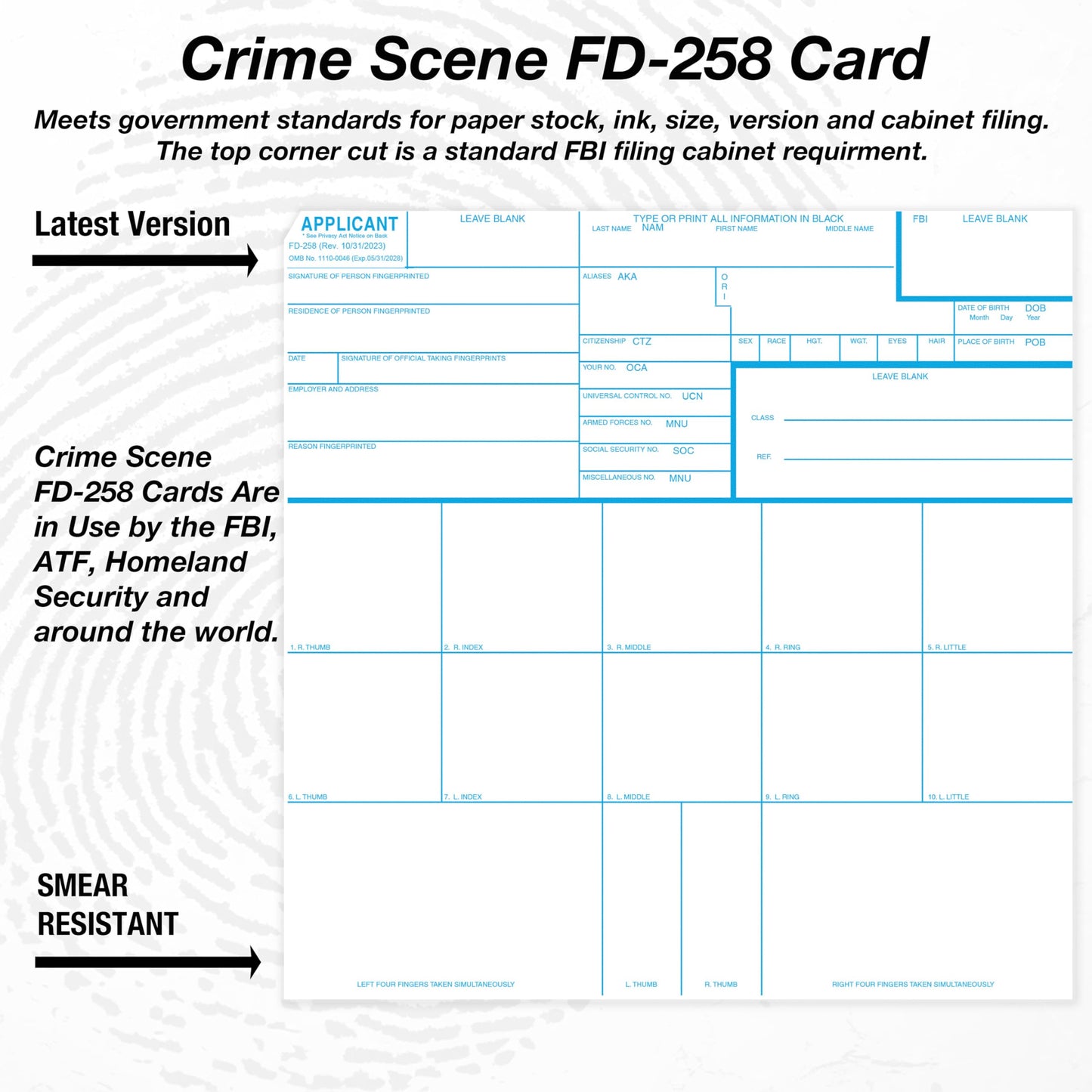Crime Scene Fingerprint Cards, Applicant FD-258 (250 Pack)