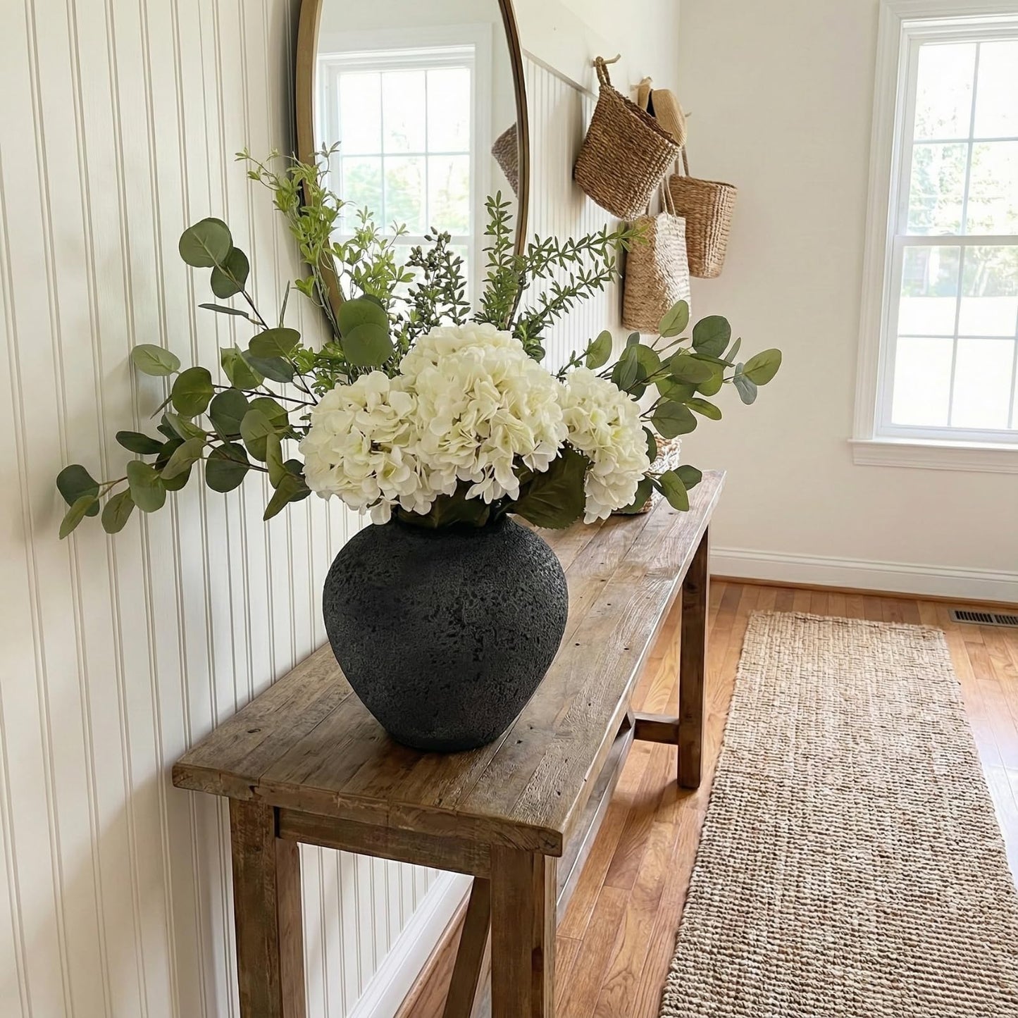Faux Arrangement - Eucalyptus & White Hydrangea Flowers, Large Artificial Floral Greenery Centerpieces for Tables, Modern Farmhouse Decor for Dining Room, Kitchen & Coffee Table, 30 inches Tall