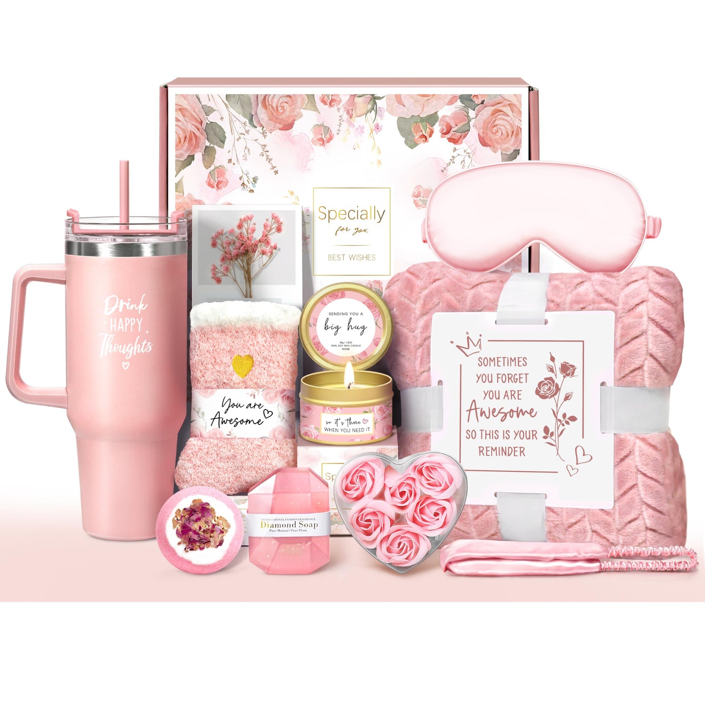 Birthday Gifts for Women Self Care Get Well Soon Gifts, Rose Relaxing Spa Gift Basket - Happy Birthday Set w/ Luxury Flannel Blanket & 40 oz Tumbler, Christmas Gift for Mom Her Wife Sister Friend