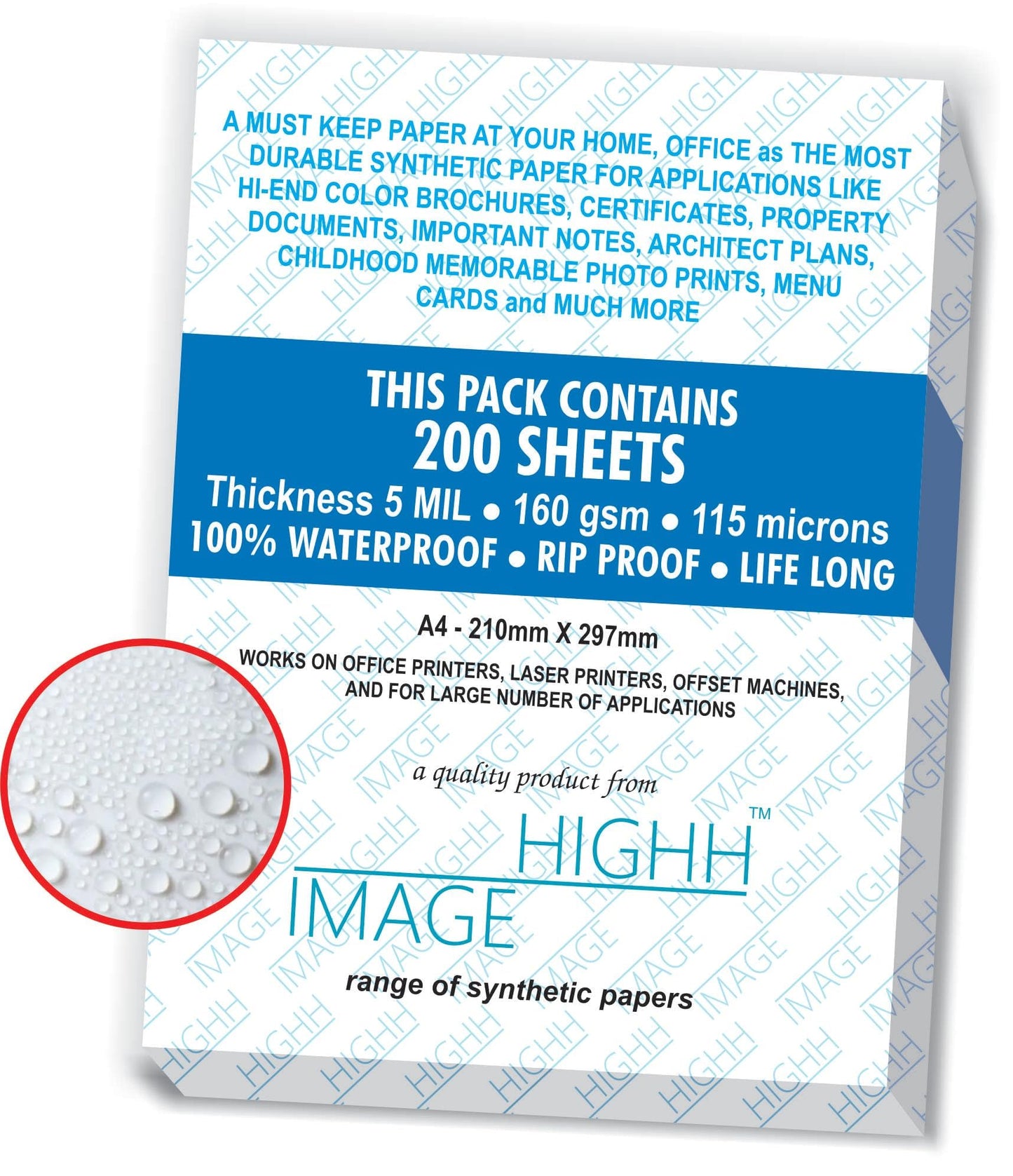 WATERPROOF PAPER | 200 SHEETS NON-TEAR Paper for LASER PRINTERS 5 MIL 110 LB, SYNTHETIC DOUBLE SIDED PAPER, 8.5X11 from HIGHH IMAGE