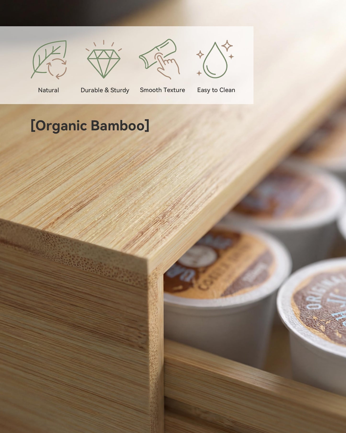 WELL WENG Bamboo Coffee Pod Drawer Organizer Compatible with K-Cups, Under Cabinet Coffee Station Storage Rack, Natural Wood Capsule Holder for 72 Pods, Countertop Coffee Machine Stand