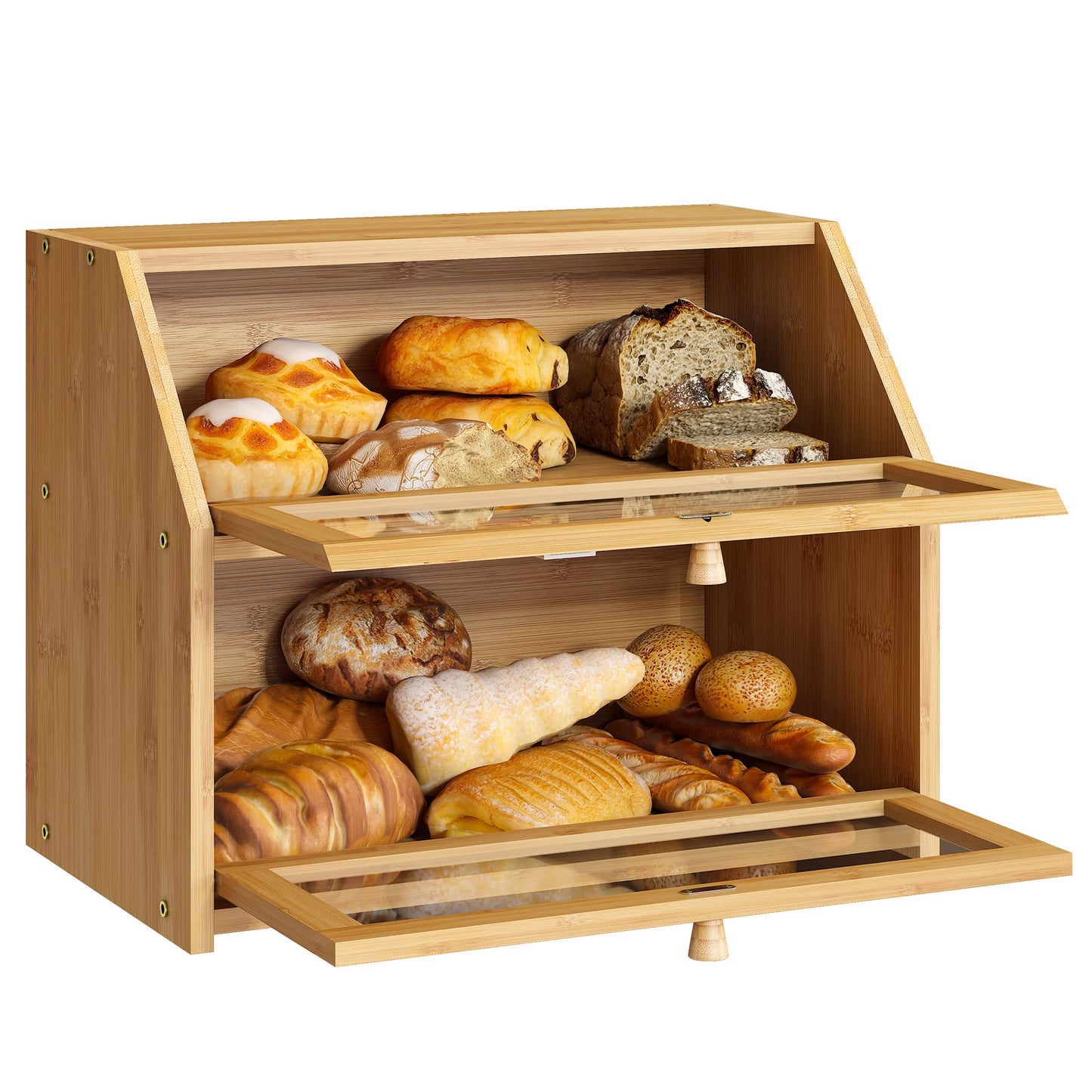 BMOSU Farmhouse Bread Box for Kitchen Countertop Bread box Double Layer Bamboo Wooden Extra Large Capacity Bin Kitchen Food Storage Container(Natural)