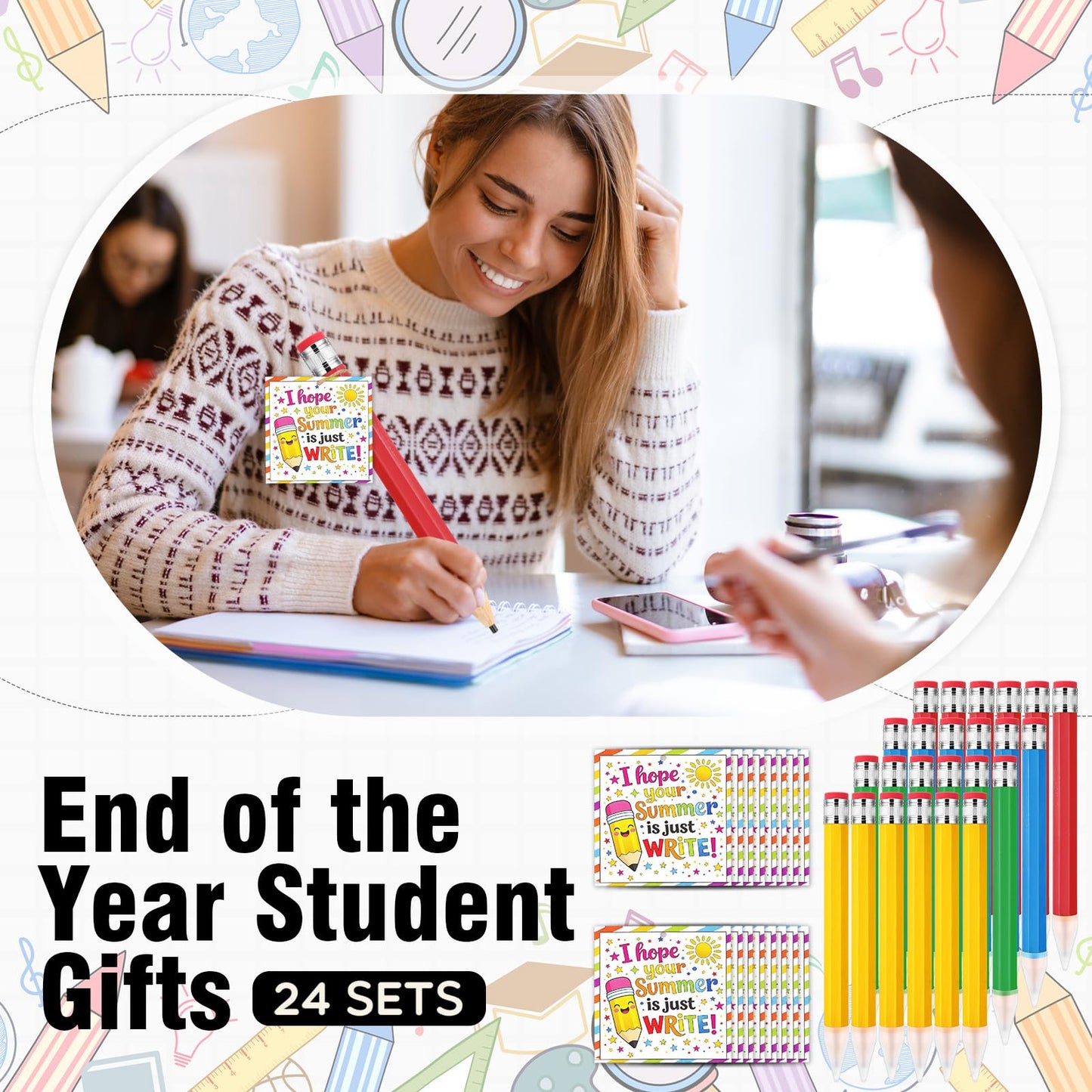Humyoun 24 Sets End of the Year Student Gifts 13 Inch Big Wooden Jumbo Pencils Set of Giant Pencil Prop with Summer Greeting Card Large Pencils with Cap Preschool Kindergarten Graduation Gift