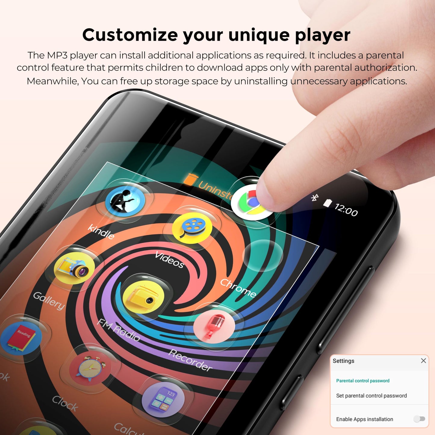 160GB MP3 Player with Bluetooth and WiFi, innioasis Music Player with Spotify,Pandora,Amazon Music,4" Touch Screen Android MP4 MP3 Player for Kids with Libby,Audible,Spotify Kids(Black)