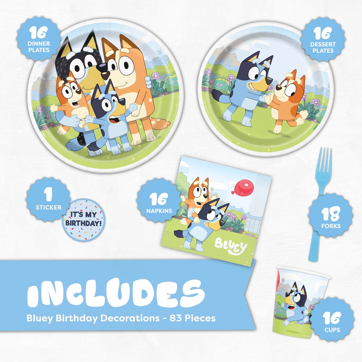 Bluey Birthday Decorations for Party | 16 Dinner Plates, 16 Dessert Plates, 16 Napkins, 16 Cups, 18 Forks | With Sticker | Officially Licensed