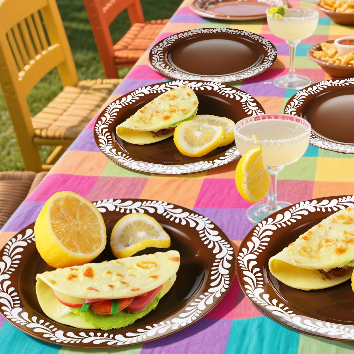 Yungyan 50 Pcs Mexican Plastic Plates Mexican Party Decoration Dinnerware Plastic Plates Cielito Lindo Birthday Baby Shower Party Decor(10.25inch,Brown,50)