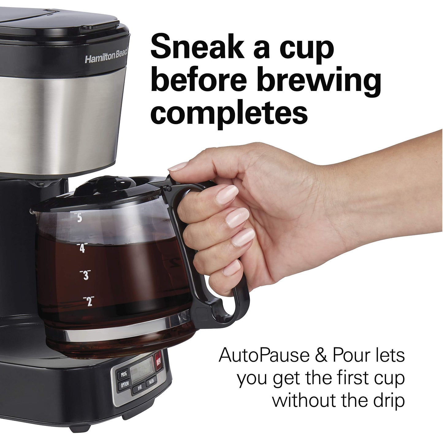 Hamilton Beach 5 Cup Drip Coffee Maker with Easy FrontFill Basket, Compact Design, Programmable Clock, Glass Carafe, Auto Pause and Pour, Black & Stainless Steel (46111)