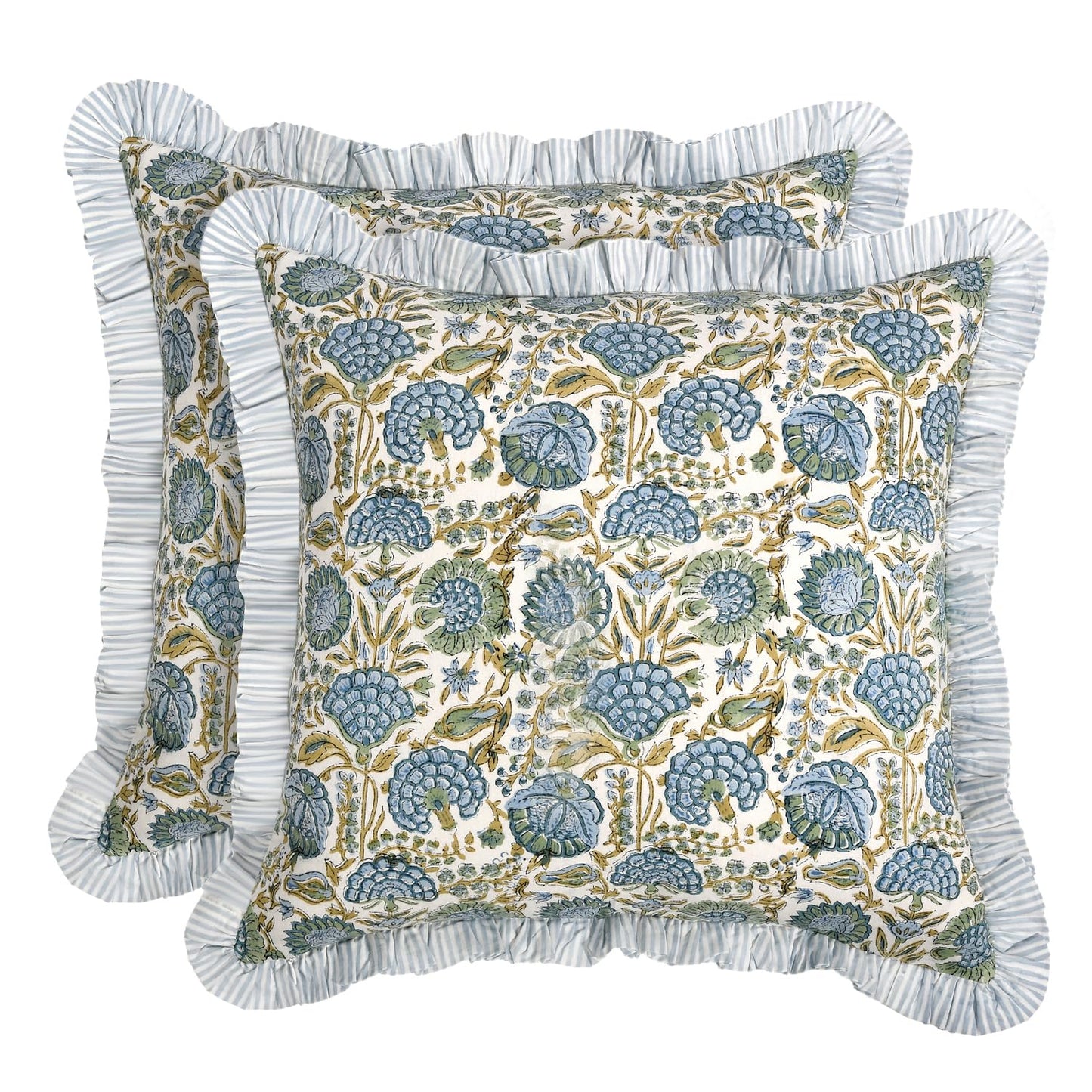 Ridhi Block Print Asparagus Green Throw Pillow Cover 20" x 20" (Pack of 2) Decorative Cushion Covers with Ruffle for Couch, Sofa, Bed, Living Room, Home Decor Gift for Spring, Easter, Valentine