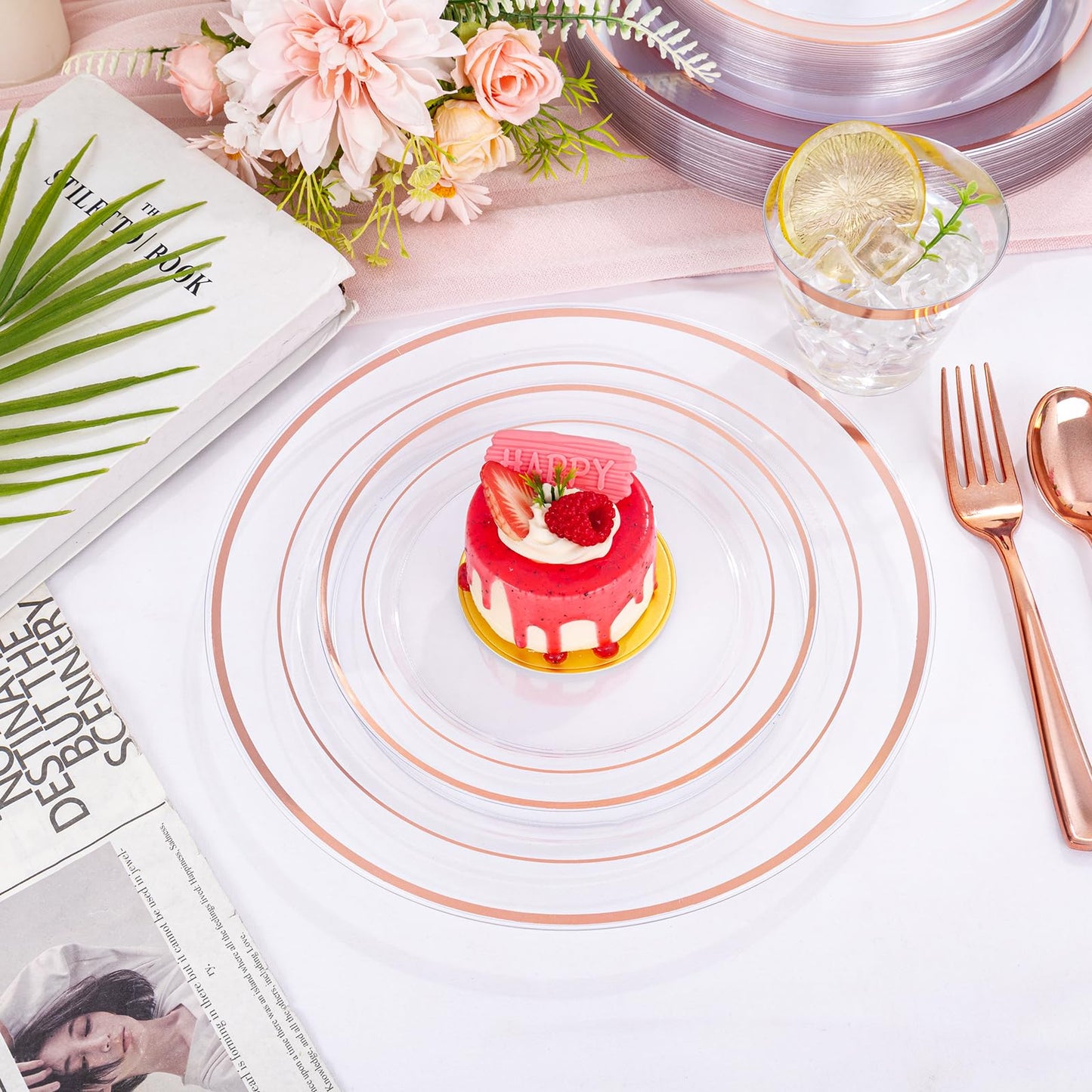 bUCLA 300PCS Rose Gold Plastic Dinnerware - Clear Dinnerware Set Disposable Include 50 Dinner Plates,50 Dessert Plates,50 Knives,50 Forks,50 Spoons,50 Cups for Party & Wedding