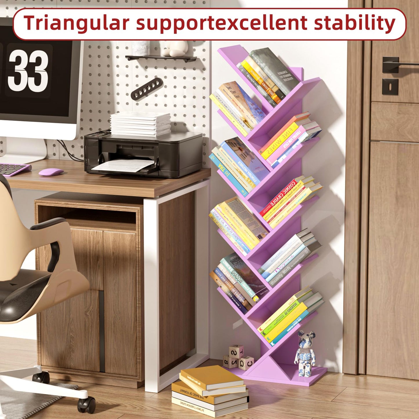 10 Tier Tree Book Shelf, Floor Standing Wood Bookshelf for Narrow Space, Storage Organizer Bookshelves for Books/CDs/Magazine, Bookcase with Shelves for Home Office, Living Room-Dream Purple
