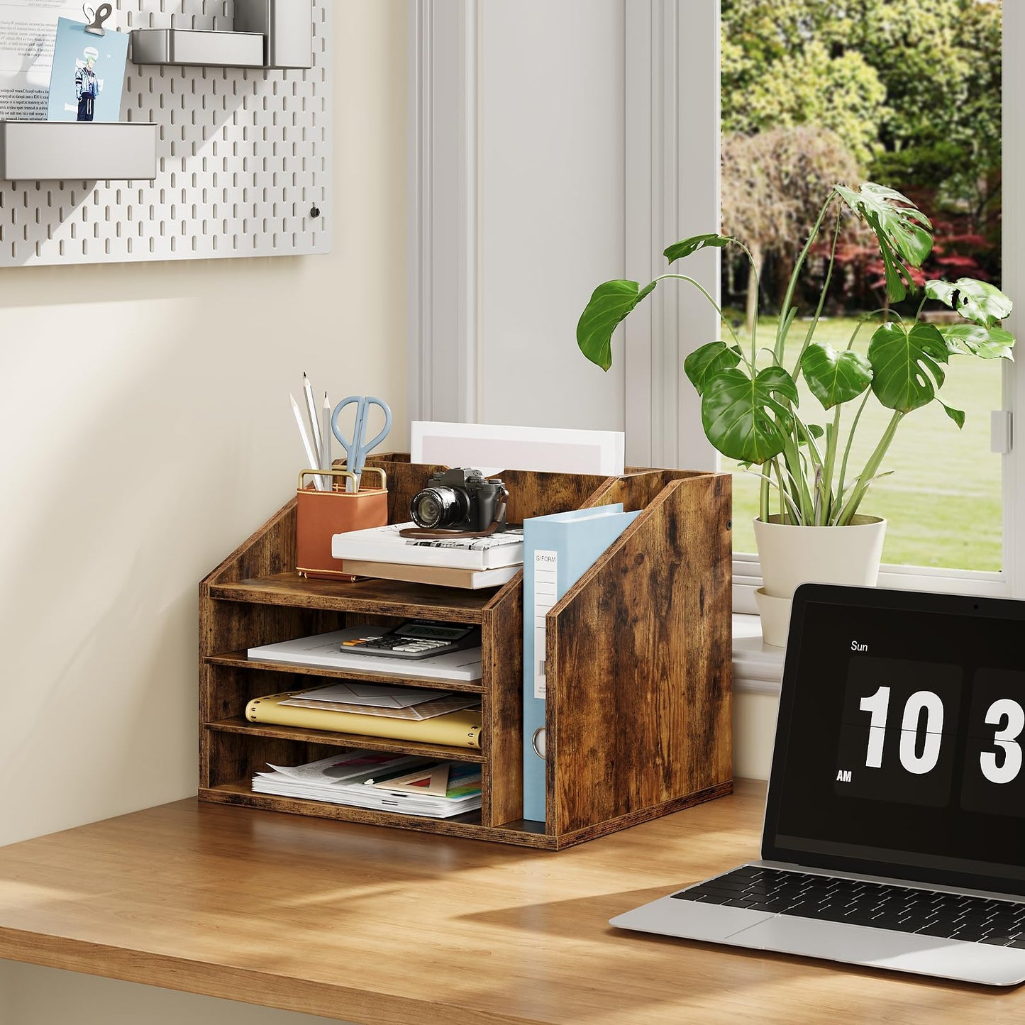 CHOEZON Wooden Desk Organizer with Adjustable Partitions, Multi-Layer Desktop File Holder for Home Office, Paper & Stationery Storage Organizer, Rustic Brown MWJ04FG