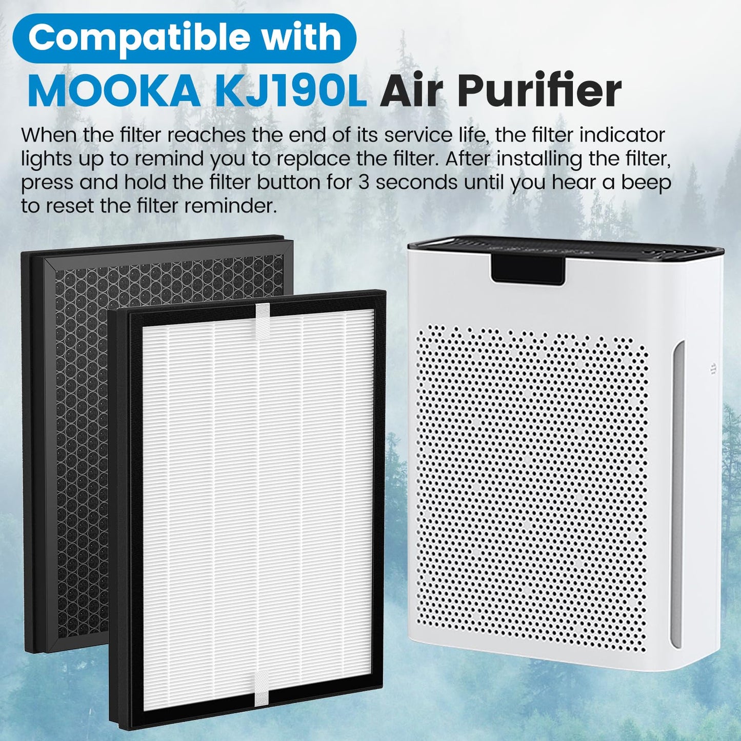 3 Pack KJ190L Filter Replacement Compatible with MOOKA KJ190L KJ190H Air Purifier For Home Large Room 2000 Ft², 3 KJ190 Filters and 6 Washable PreFilters Pet Air Purifier Filters for Bedroom