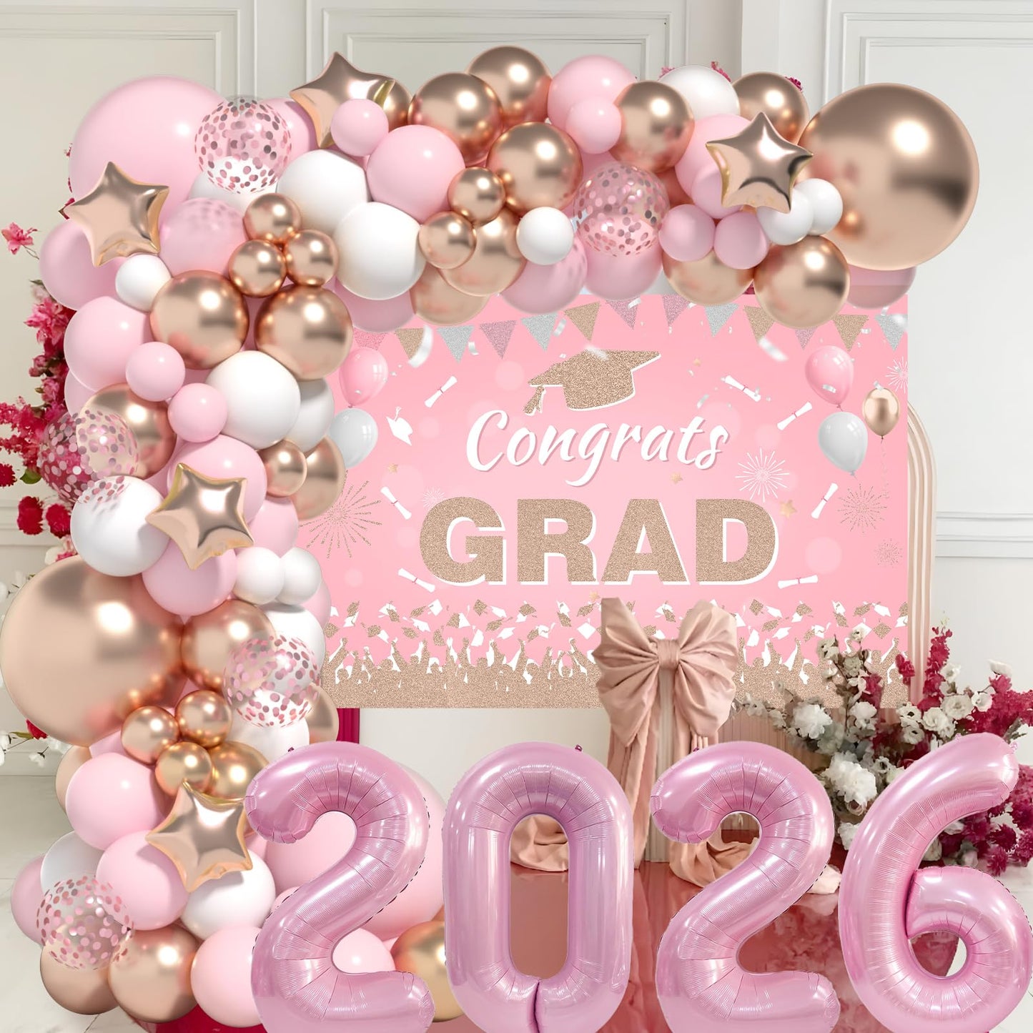 Graduation Decorations Class of 2026: Pink and Gold Graduation Balloons Arch Kit 2026 Grad Party Decorartion with Congrats Grad Backdrop Party Supplies for High School & College Celebrations