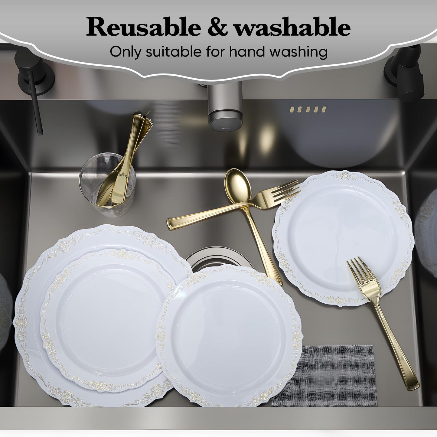 Fijinhom 350 PCS White and Gold Disposable Plates, Elegant Dinnerware Set for 50 Guests, 100 Plastic Plates, 150 Silverware, 50 Cups & 50 Paper Napkins, White and Gold